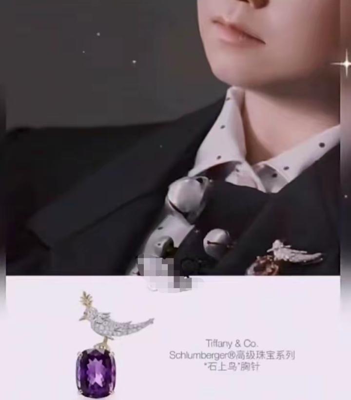 莎莎参会的胸针细节也太戳人了！一身利落黑西装，搭配红宝石石上鸟胸针，红宝点缀在领