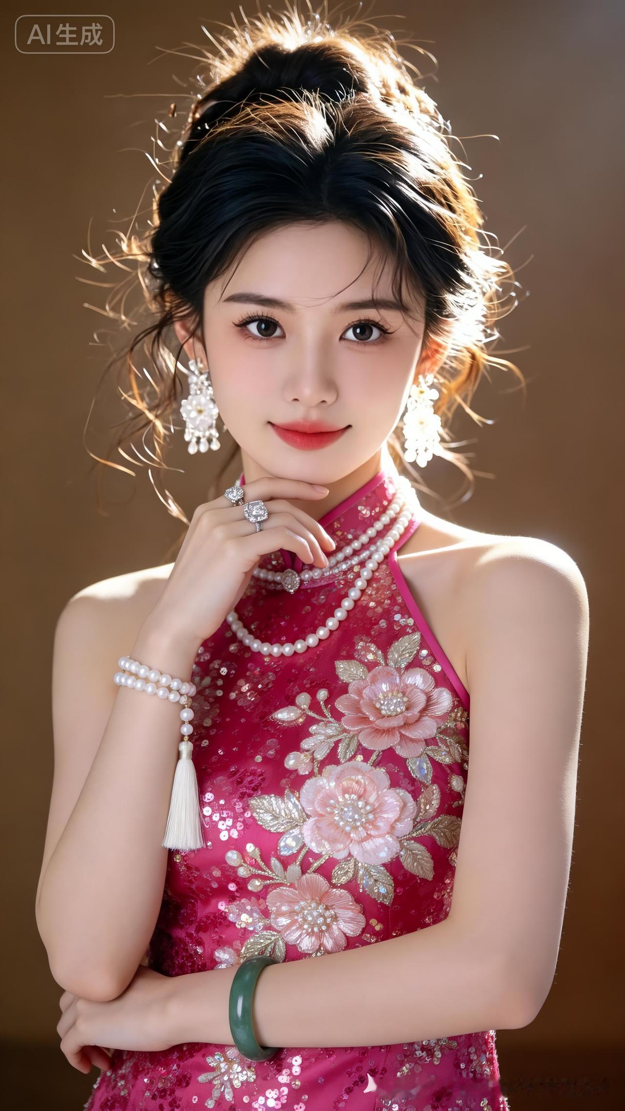 这位美女穿着华丽的旗袍，好惊艳！