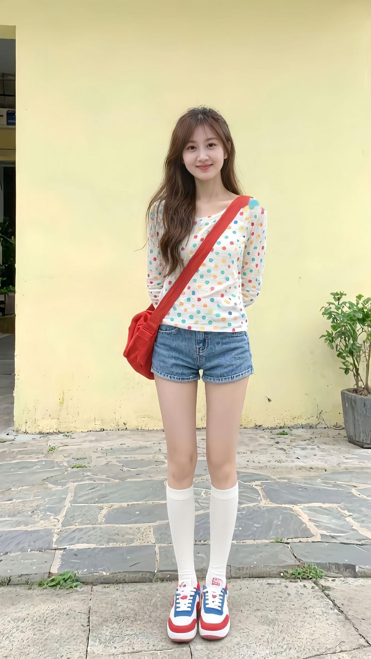 穿短裤和长袖衫，搭配运动鞋，很休闲！