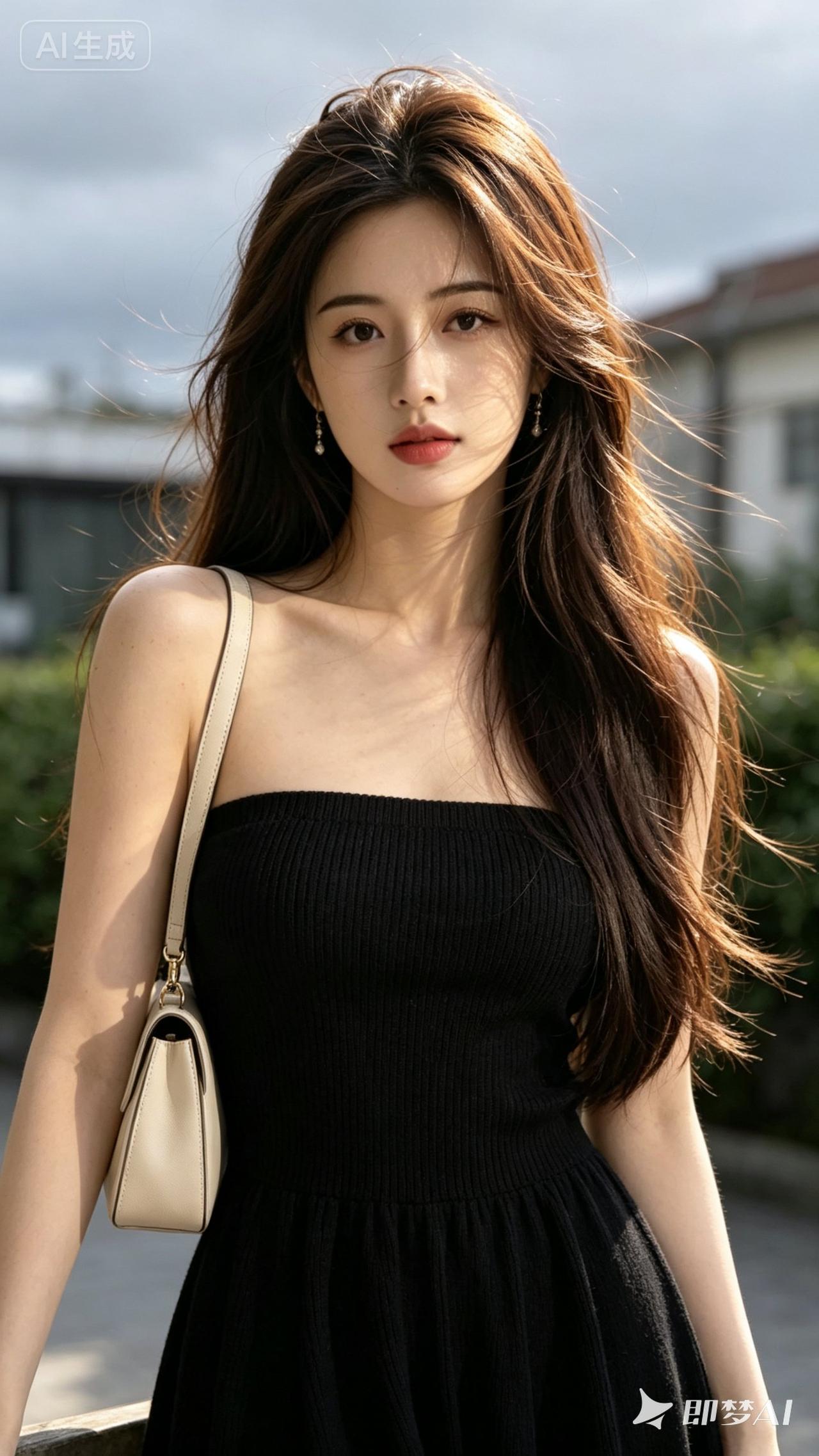 一个长发美女穿着黑色连衣裙。