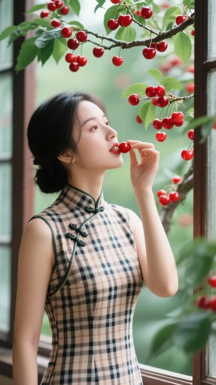 樱桃红，旗袍美，复古风，韵味浓。