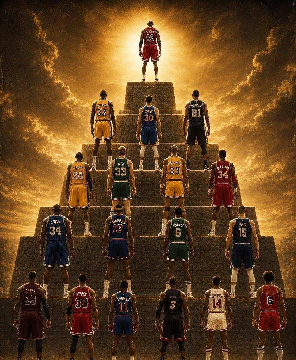 美媒：NBA历史地位金字塔排名近日，美媒列出NBA历史地位金字塔排名，乔丹独一