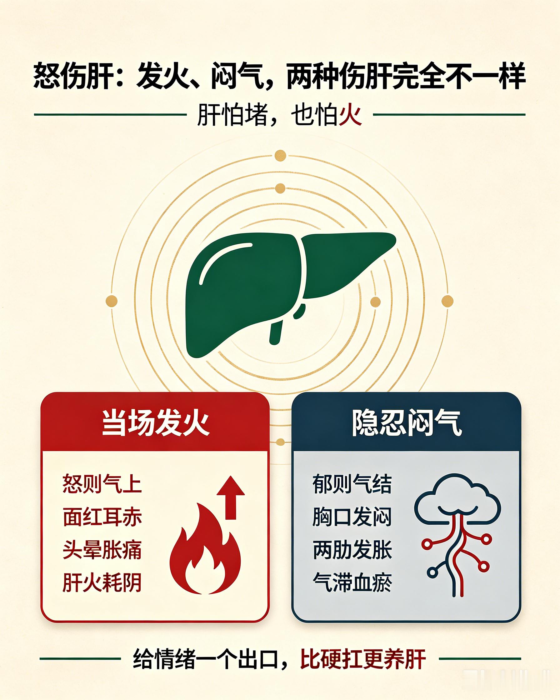 怒伤肝：发火、闷气，两种伤肝完全不一样都说生气伤肝，但当场发火和憋在心里生闷气，