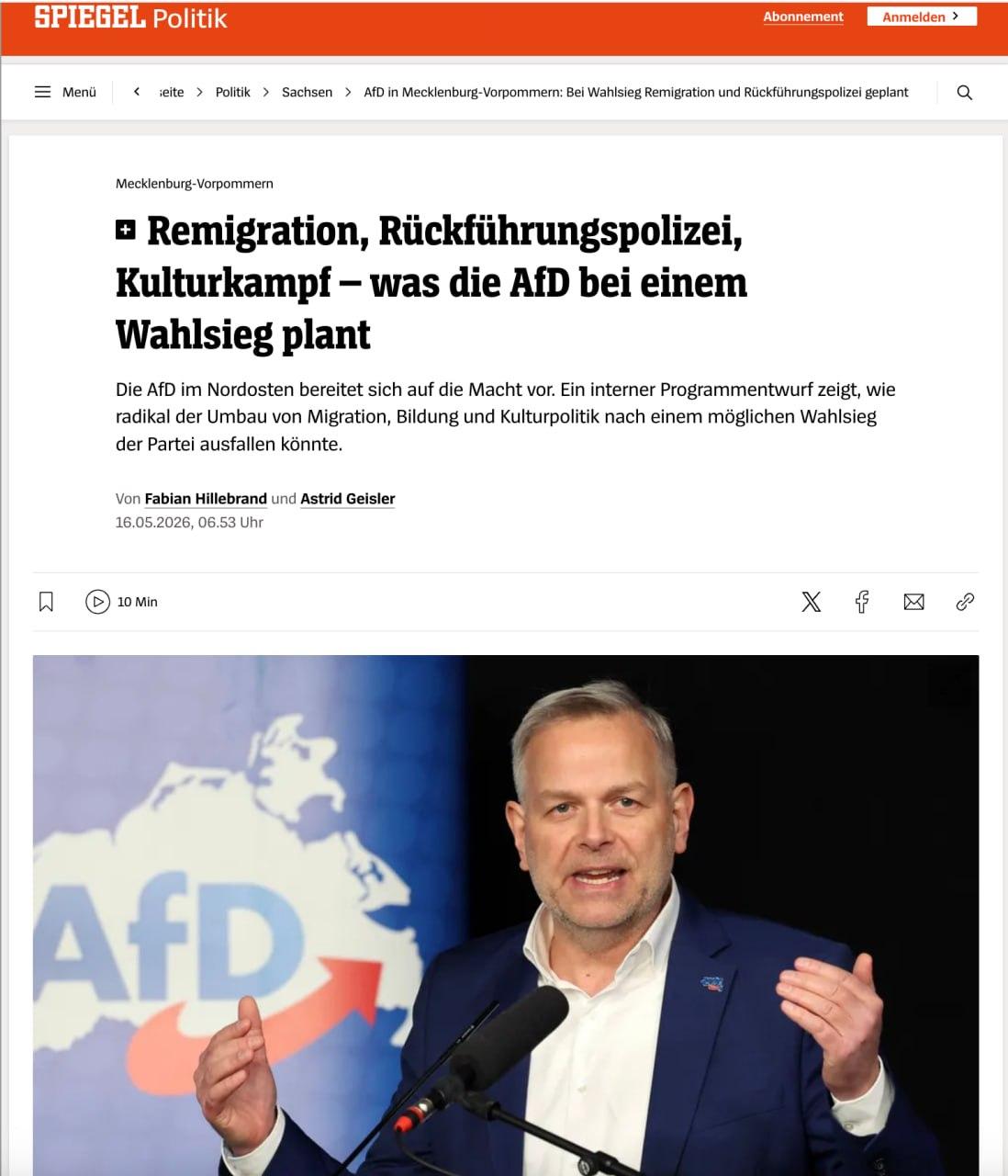 据德媒《明镜》周刊5月16日报道，德国选择党（AfD）梅前州分部拟就一份“政府计