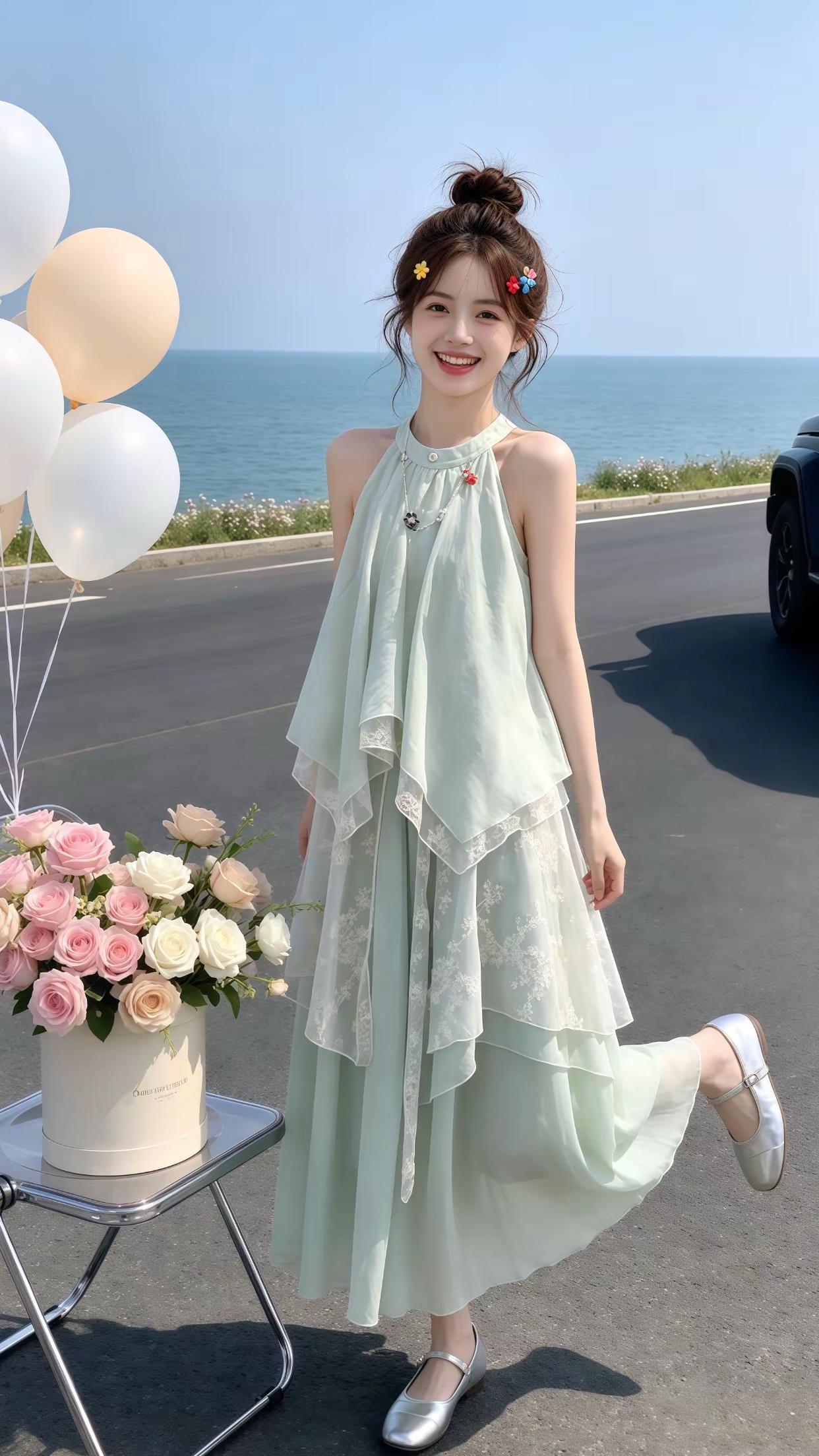 夏季穿搭少女感夏日ootd度假裙拿捏夏日氛围感夏日氛围感穿搭浅绿色连衣裙仙