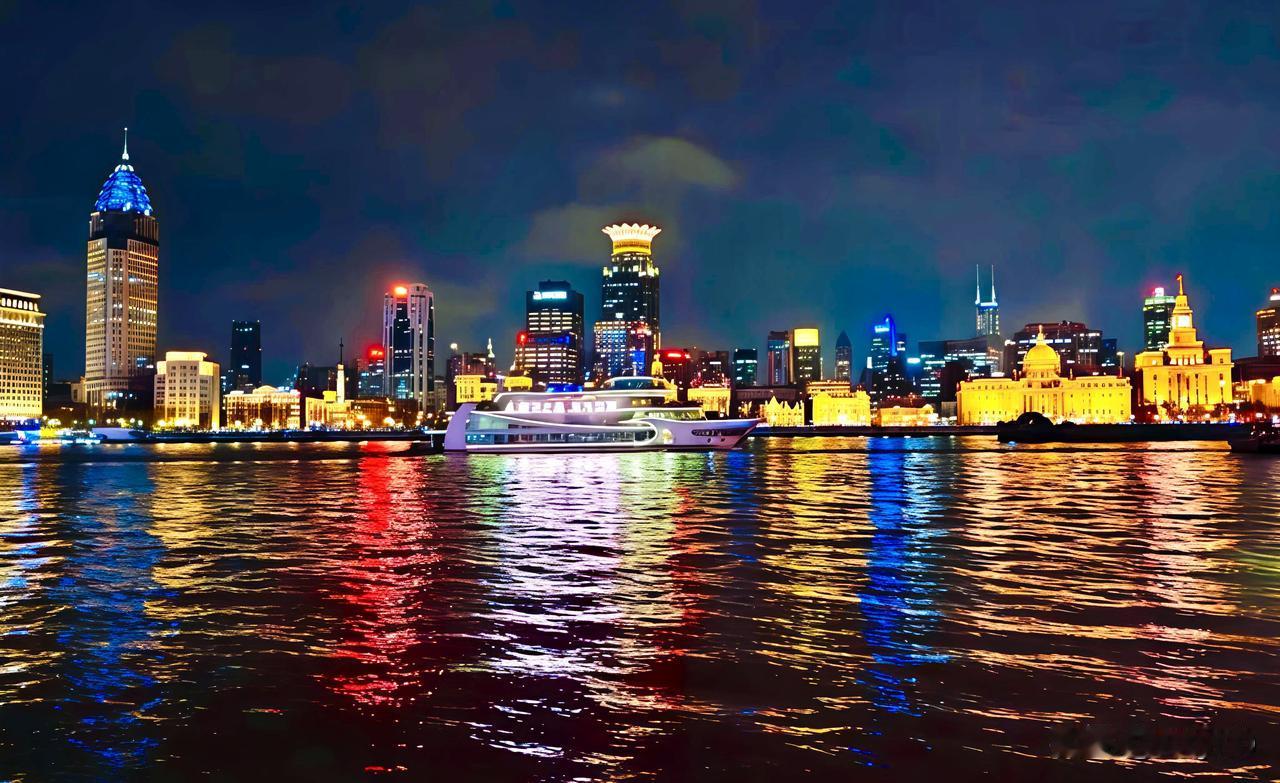 夜幕降临，华灯初上，上海外滩如璀璨明珠镶嵌在黄浦江畔。霓虹流光溢彩，万国建筑灯火