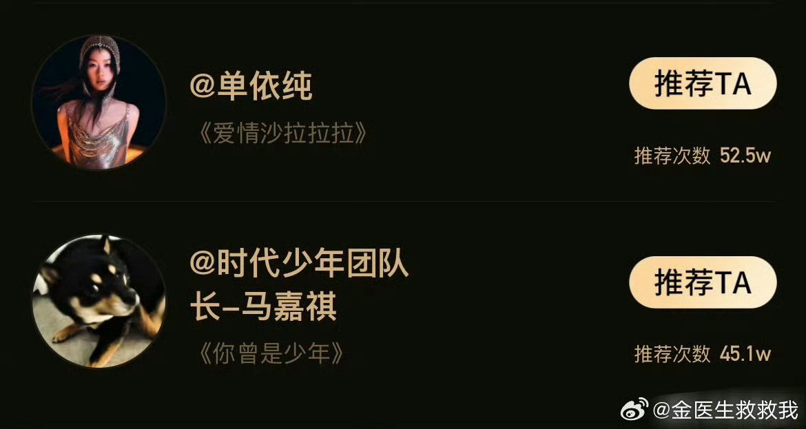 单依纯马嘉祺投票断层领先断眉袭榜歌手票数：单依纯50w➕马嘉祺45w➕……马嘉祺