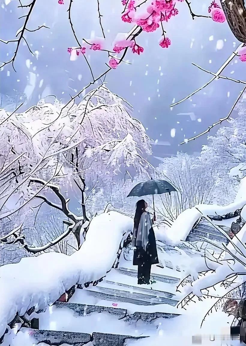 雪中漫步，粉樱相伴，静享冬日浪漫。