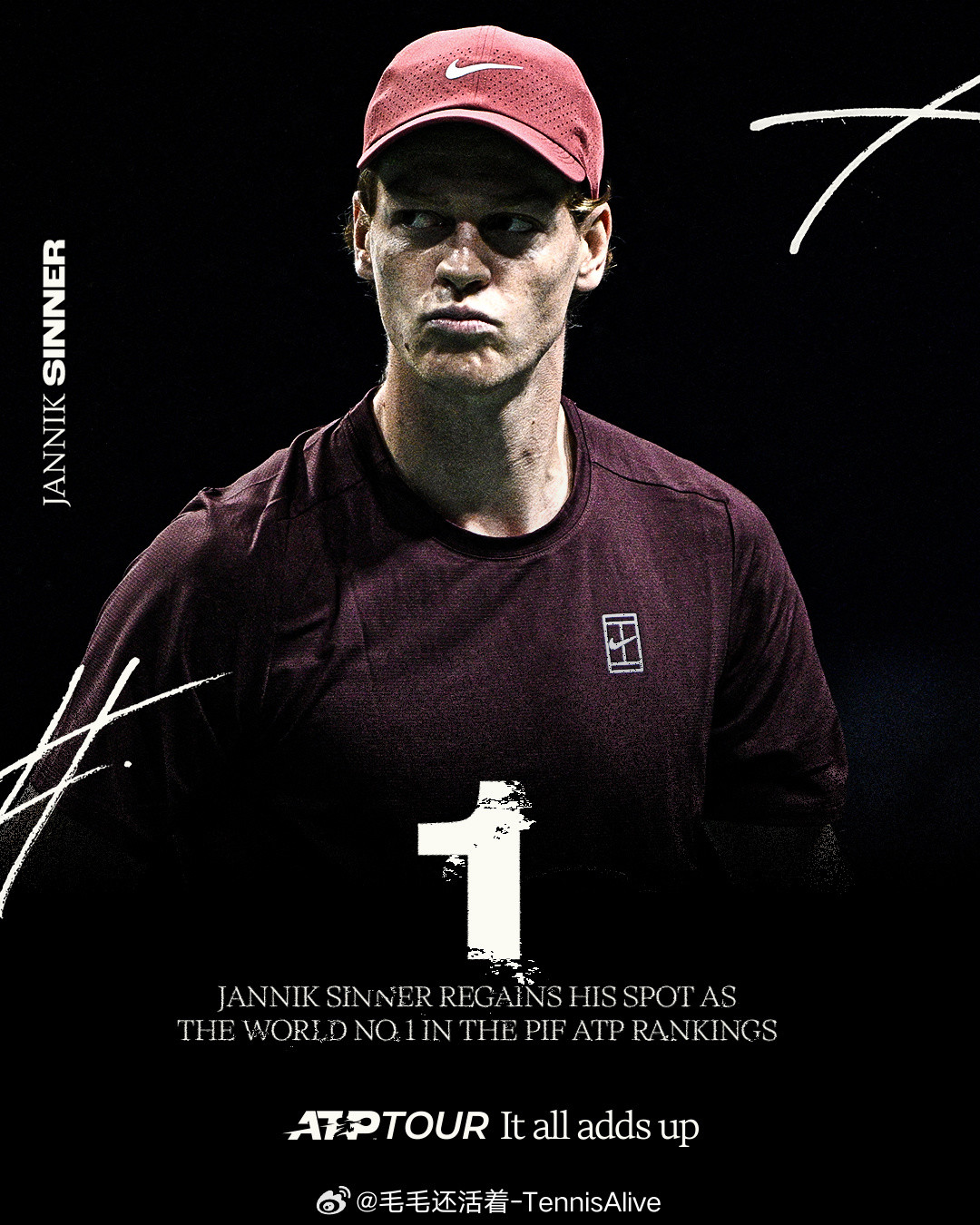 ✅辛纳首夺巴黎大师赛冠军✅世界排名重回第一✅2025赛季63胜6负✅第五个大师