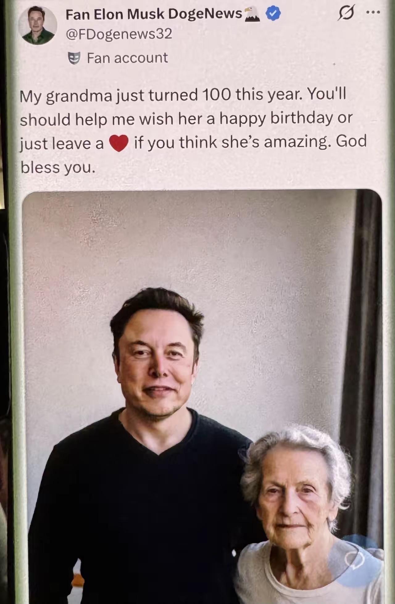 埃隆·马斯克：“我奶奶今年刚满百岁。这句话一出来，很多人心里都软了一下。平时在