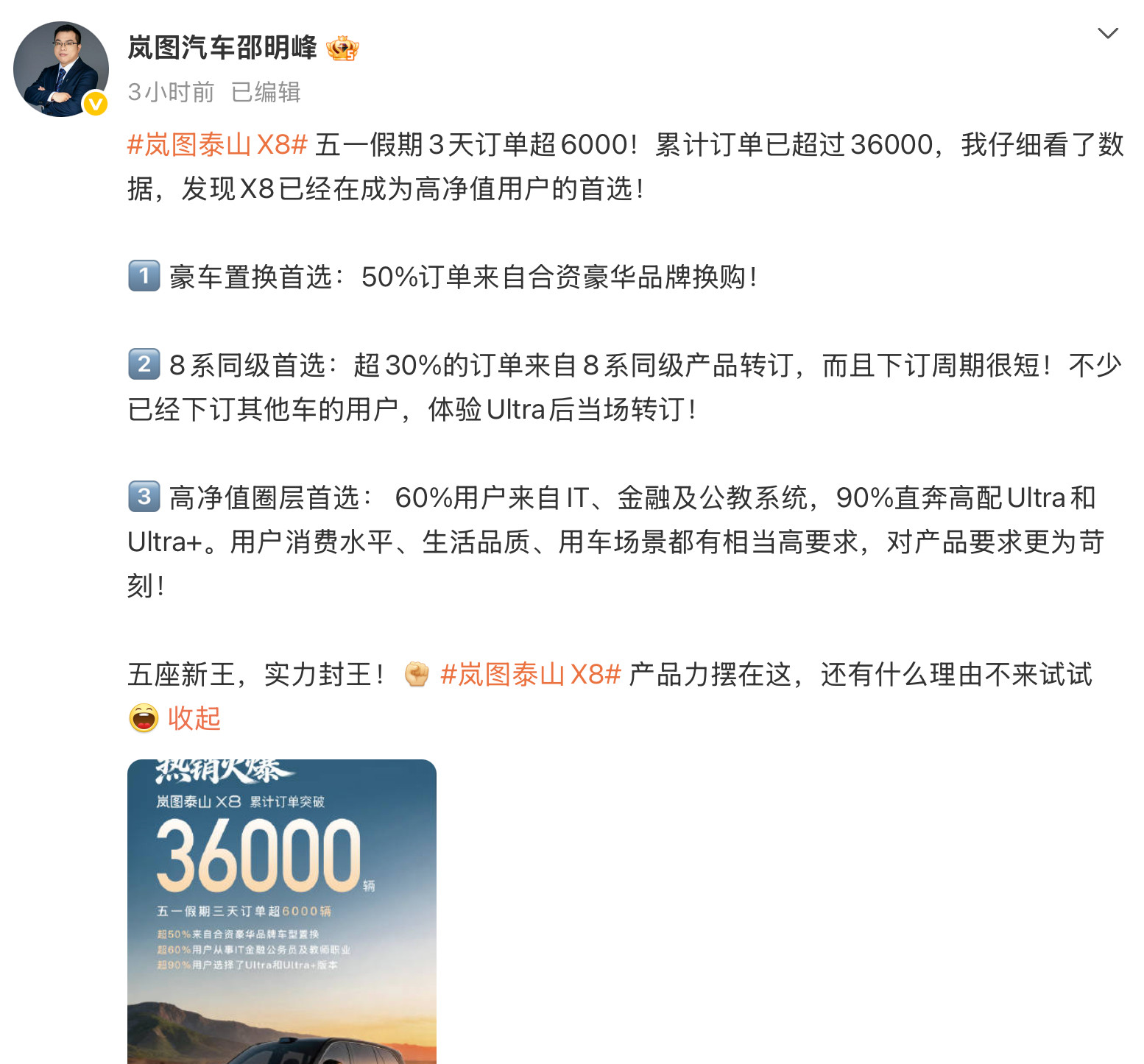 看邵总的战报，岚图泰山X84月22日开启预售，至今已经36000个订单，其中五