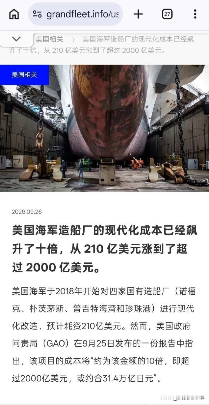现在大家知道美军的军费都花到哪儿去了吧？升级4座造船厂，就要花2,000亿美元
