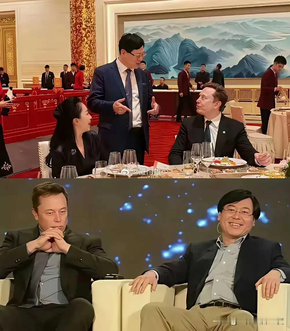 可怜的马斯克终于敢鼓起勇气直视杨总了，可以看出，满眼都是崇拜和尊重，虽然十多年的