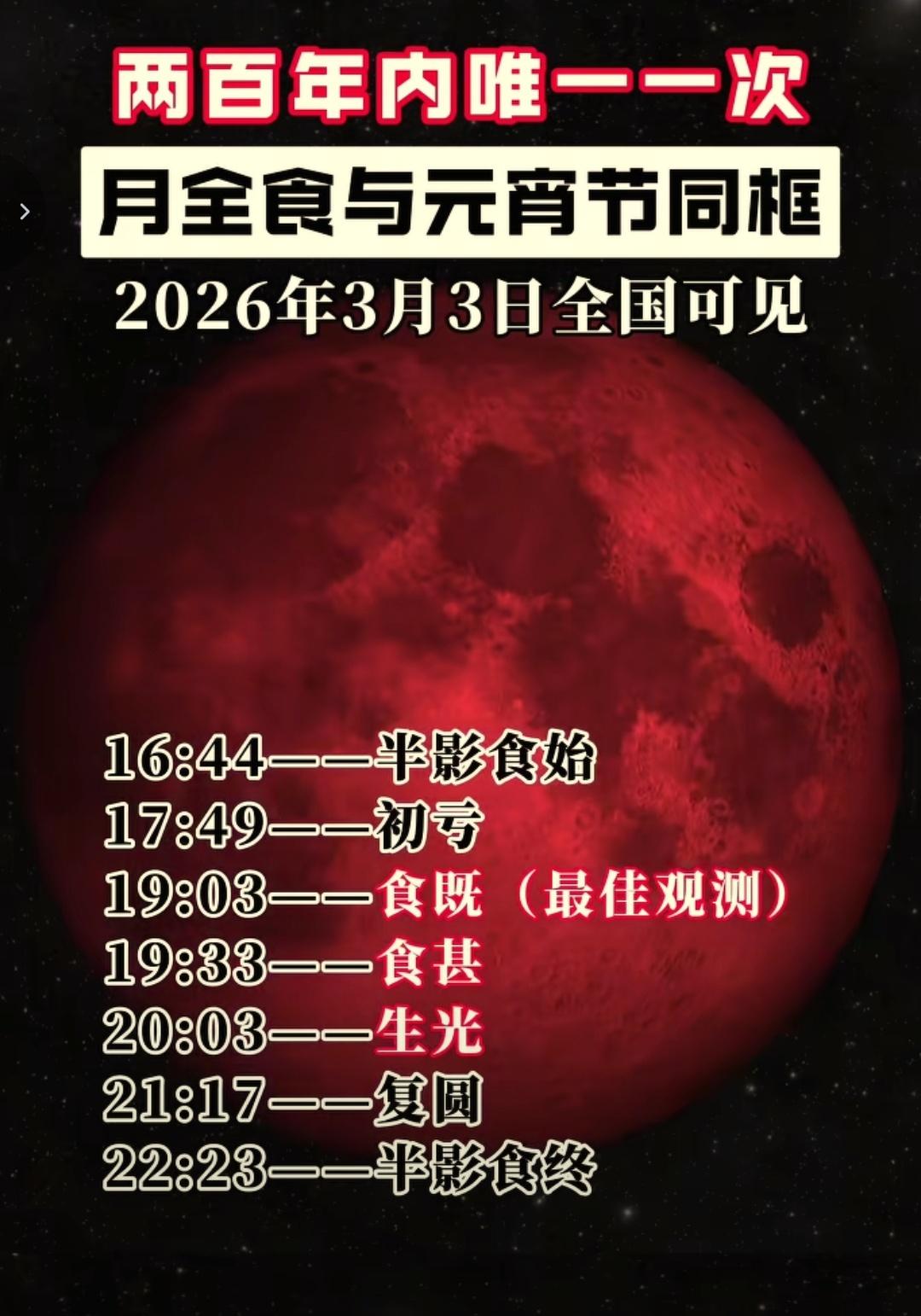 元宵节（3月3日）晚上，会有“红月亮”！这场月全食可是国内今年最值得看的“天象