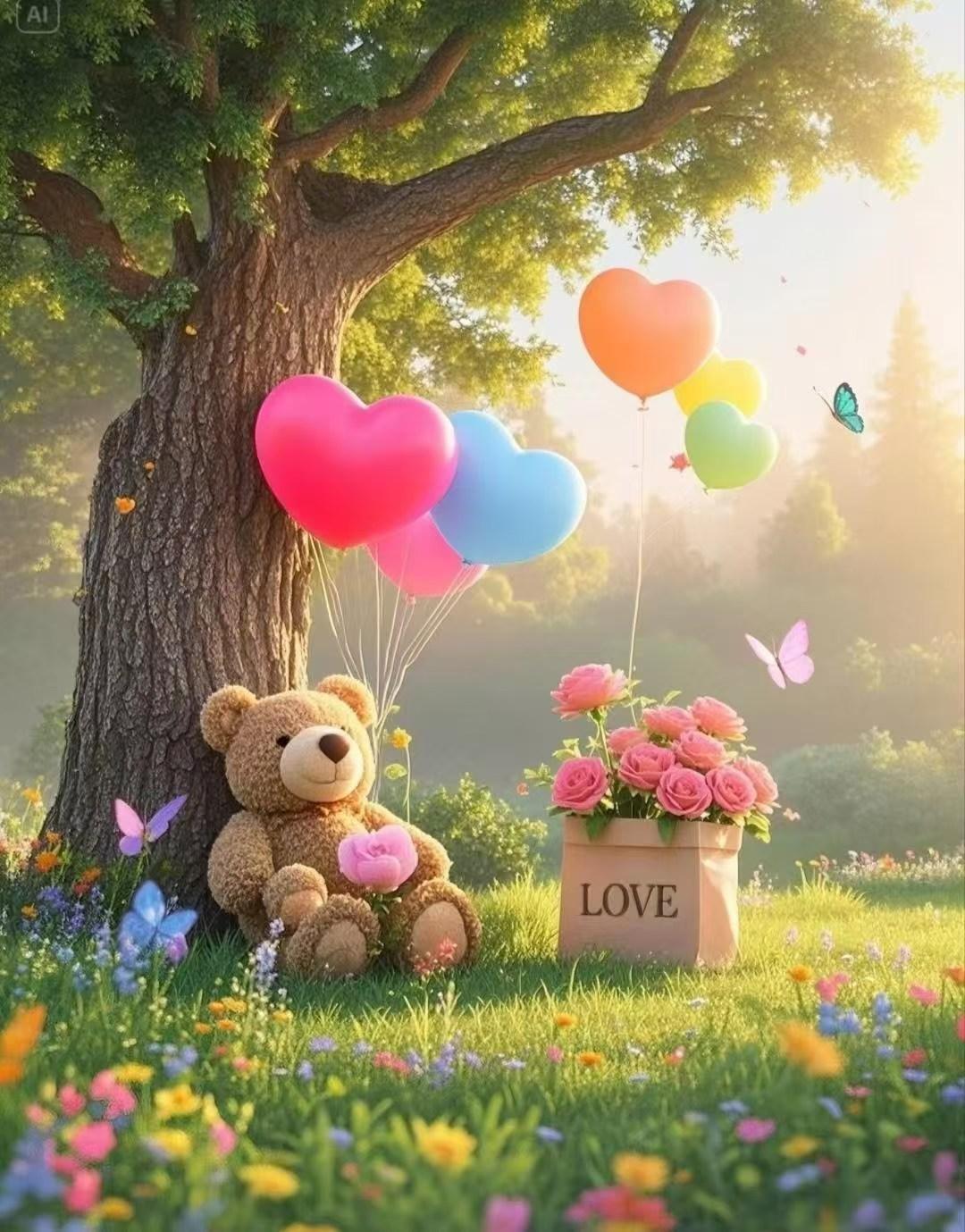 “爱在花海中绽放，与小熊共度美好时光”🌸🧸🎈