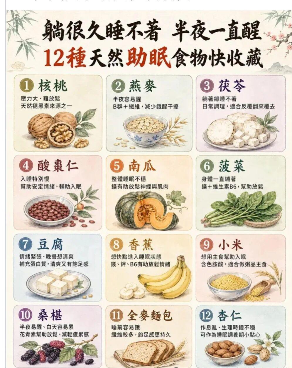 12种天然助眠食物，快收藏！躺很久睡不着，半夜一直醒，快来试试这些食物吧！