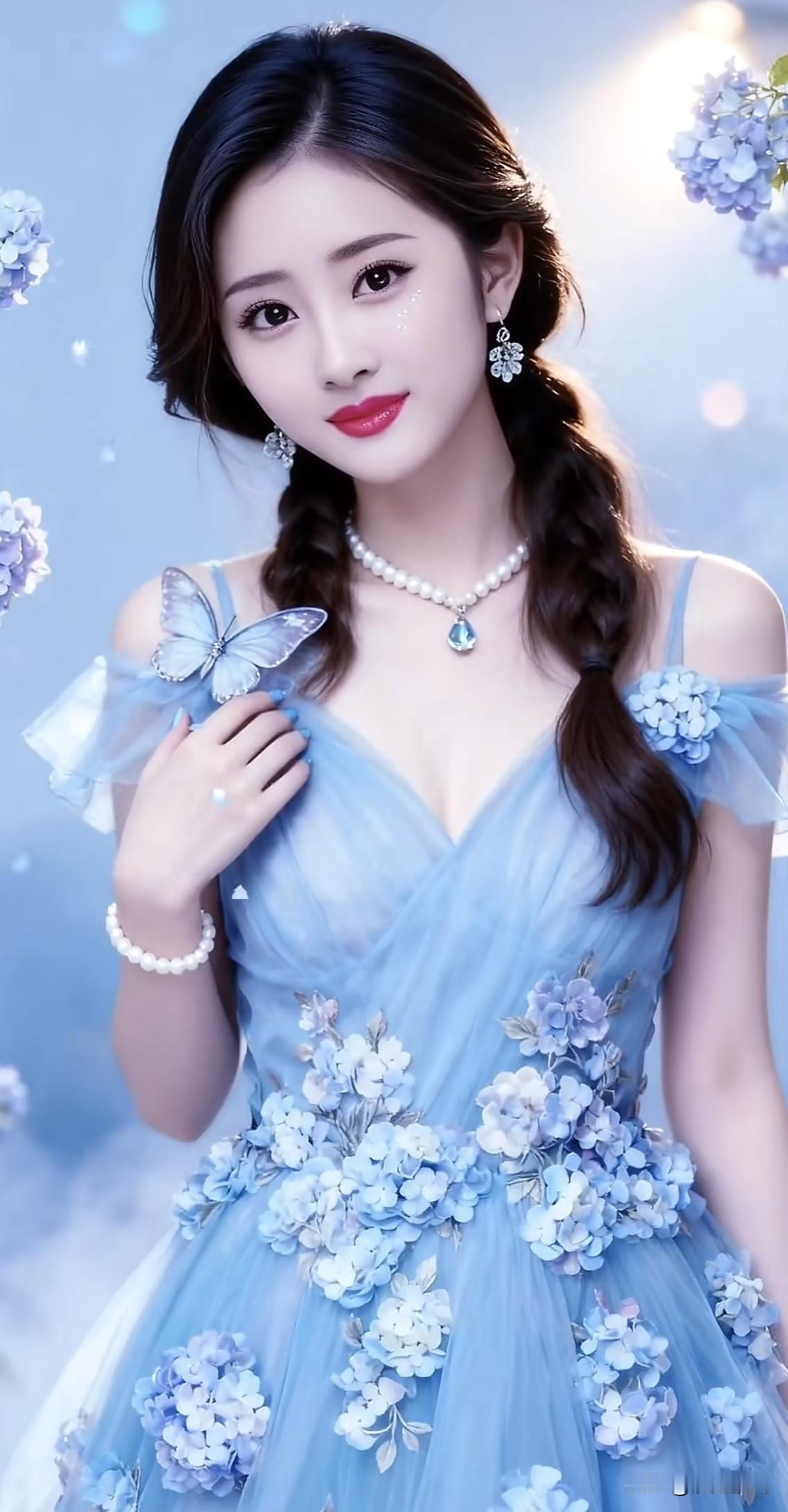 梦幻蓝裙仙女，花海中的优雅公主梦幻蓝裙造型绿裙蝶舞仙境紫色梦幻裙绿裙蝶舞仙