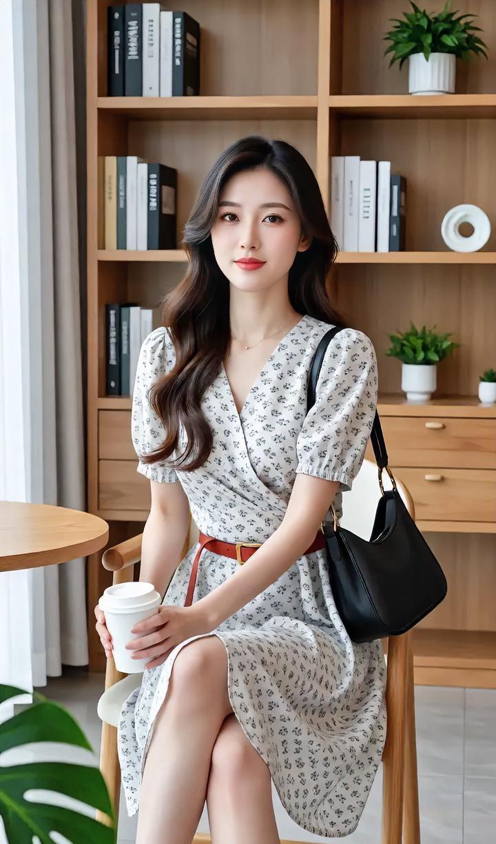 书页静立身后，你握着一杯暖香。碎花裙摆轻轻垂落，绿意爬上窗旁。包