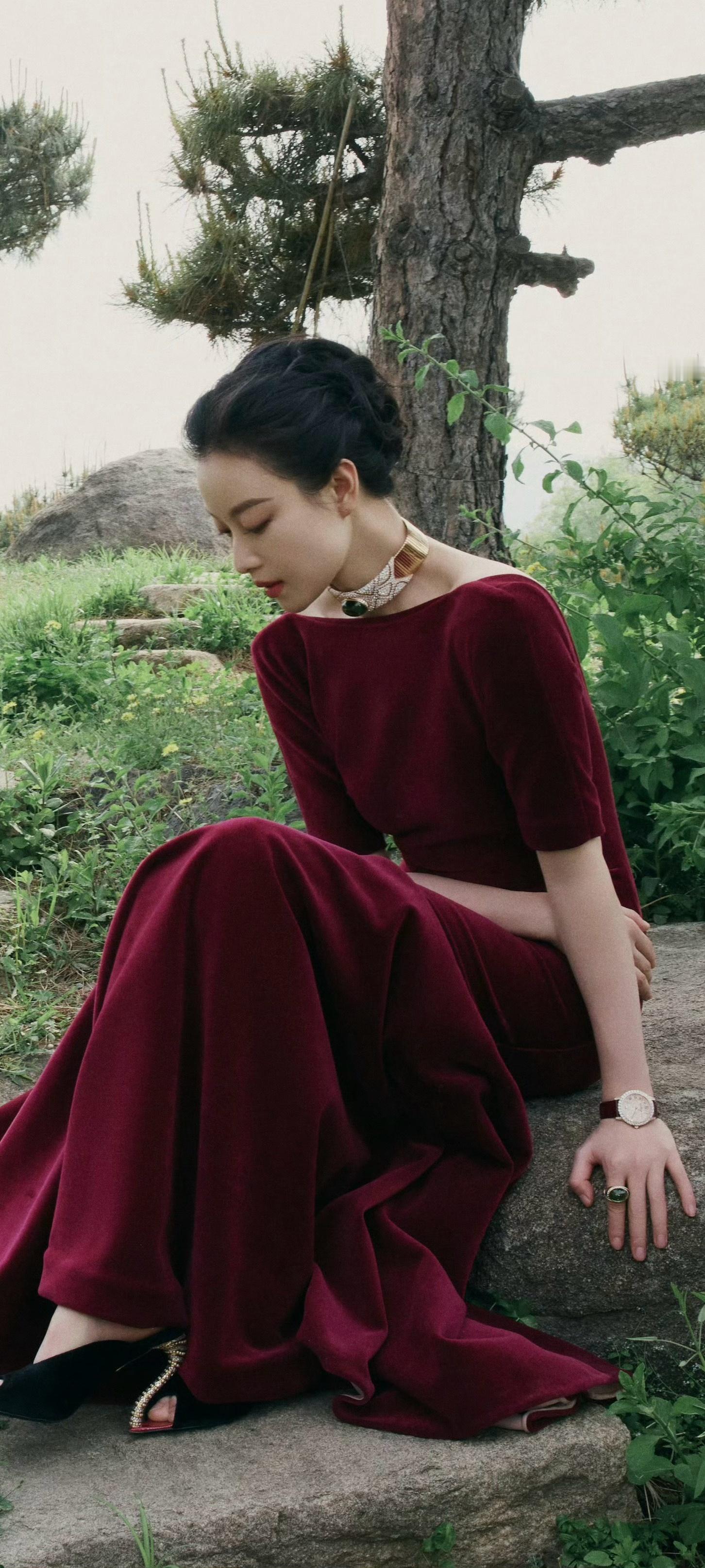 倪妮穿搭壁纸，穿酒红长裙的婀娜姿态。倪妮
