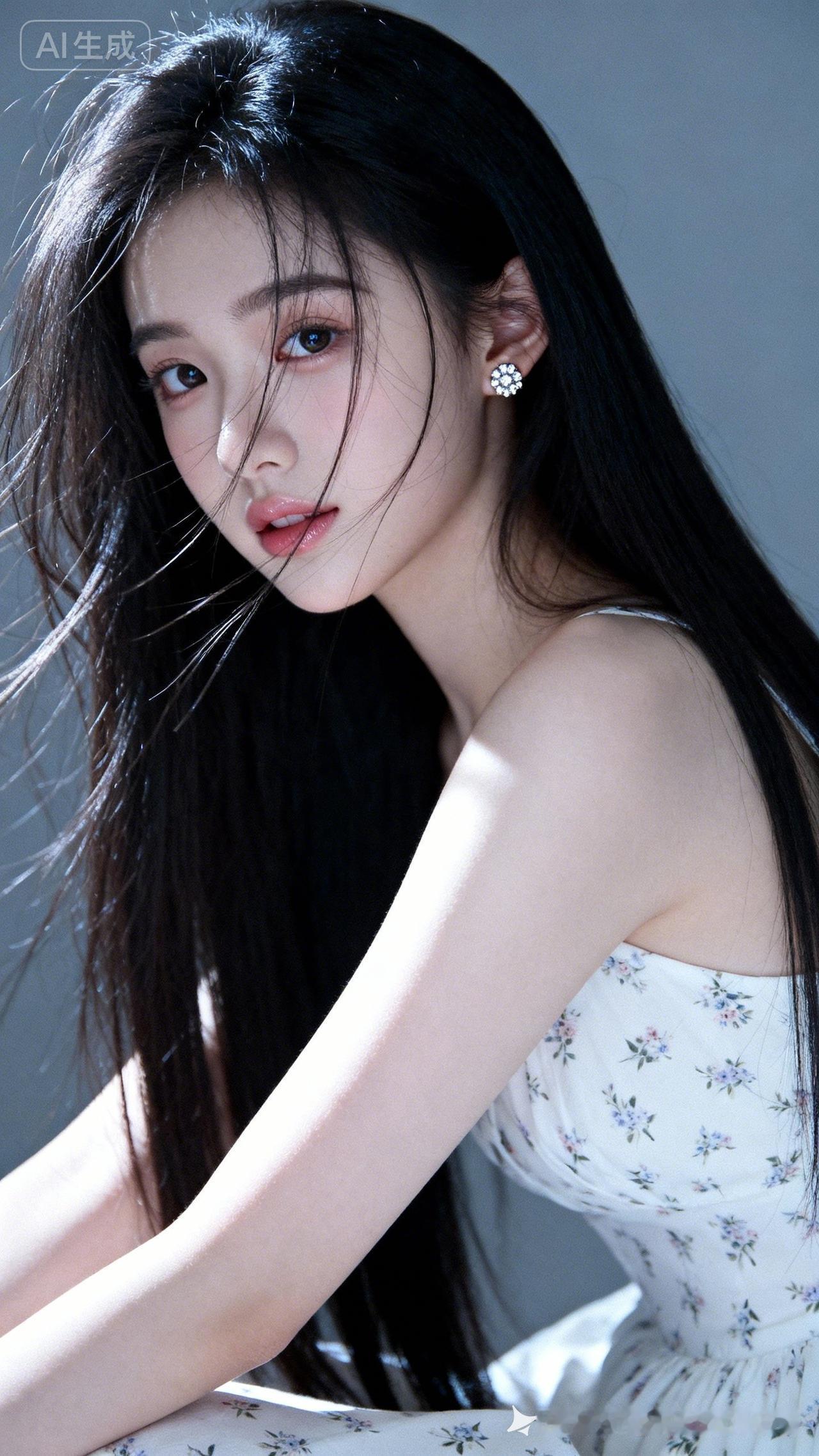 19岁东方少女，黑长直蓬松垂坠，冷白皮陶瓷肌，白色碎花裙侧脸仰头。侧光勾勒明暗，