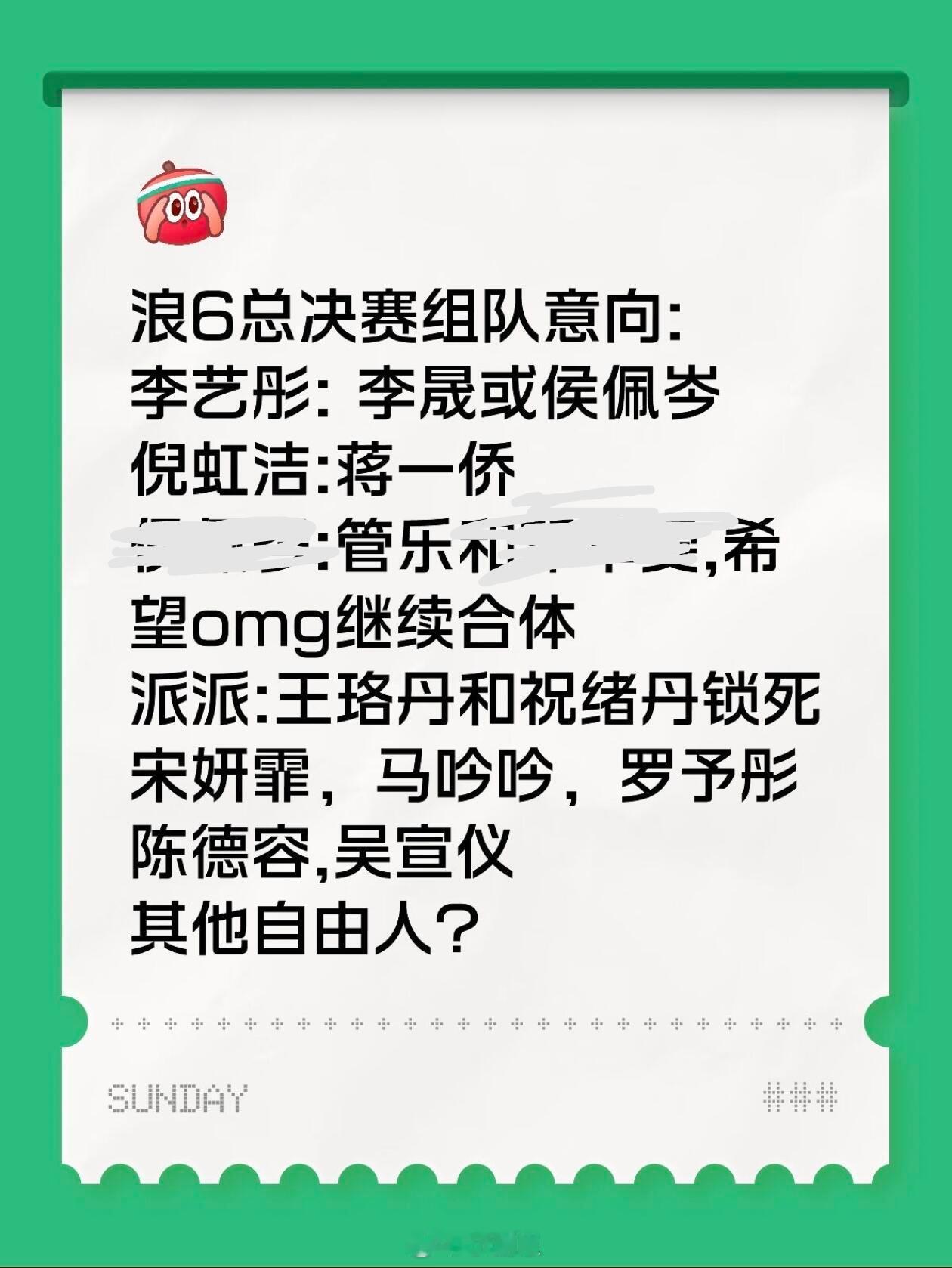 乘风2025浪6总决赛组队意向:李艺彤:李晟或侯佩岑倪虹洁:蒋一侨管乐