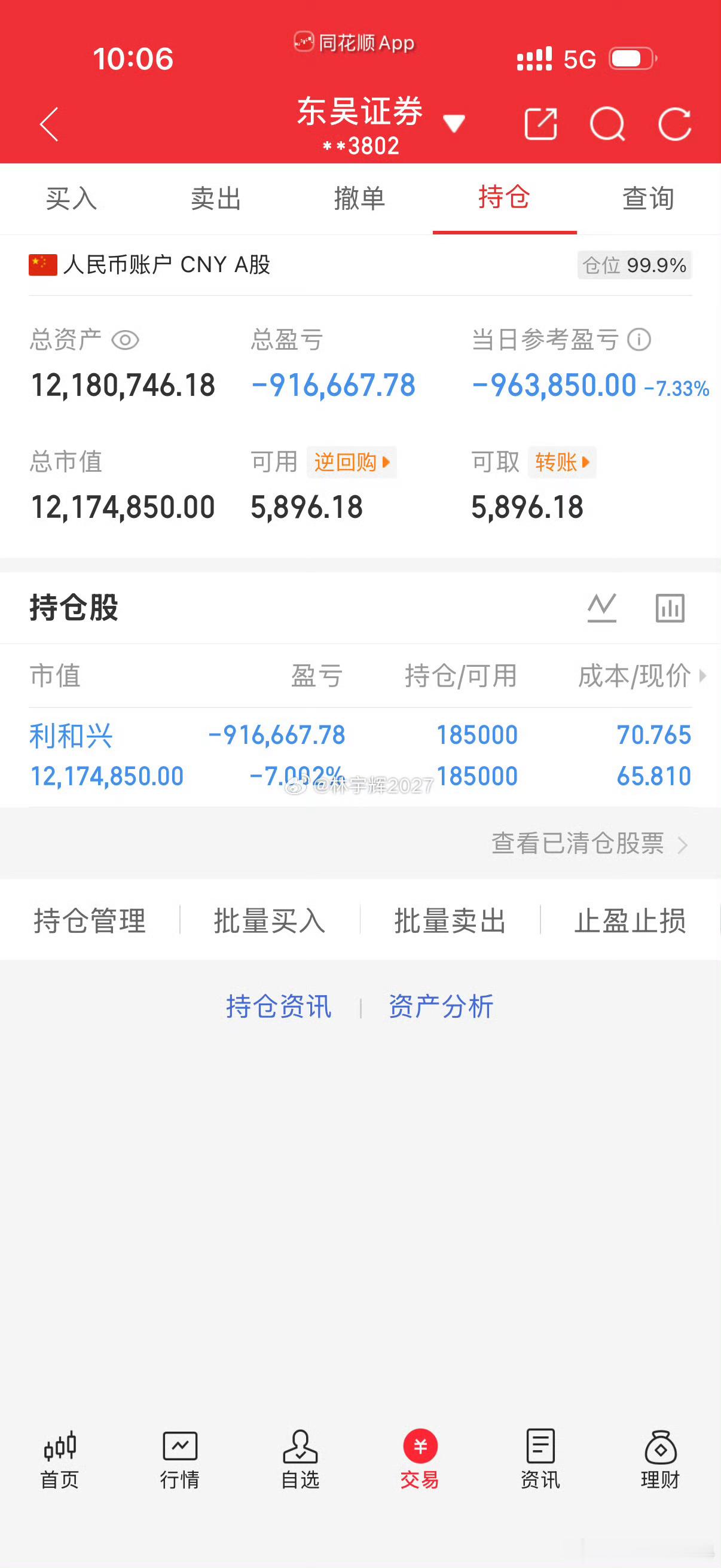 各位战友！压力太大了，这次让你们失望了，目前持有的利和兴301013直接爆跌，心