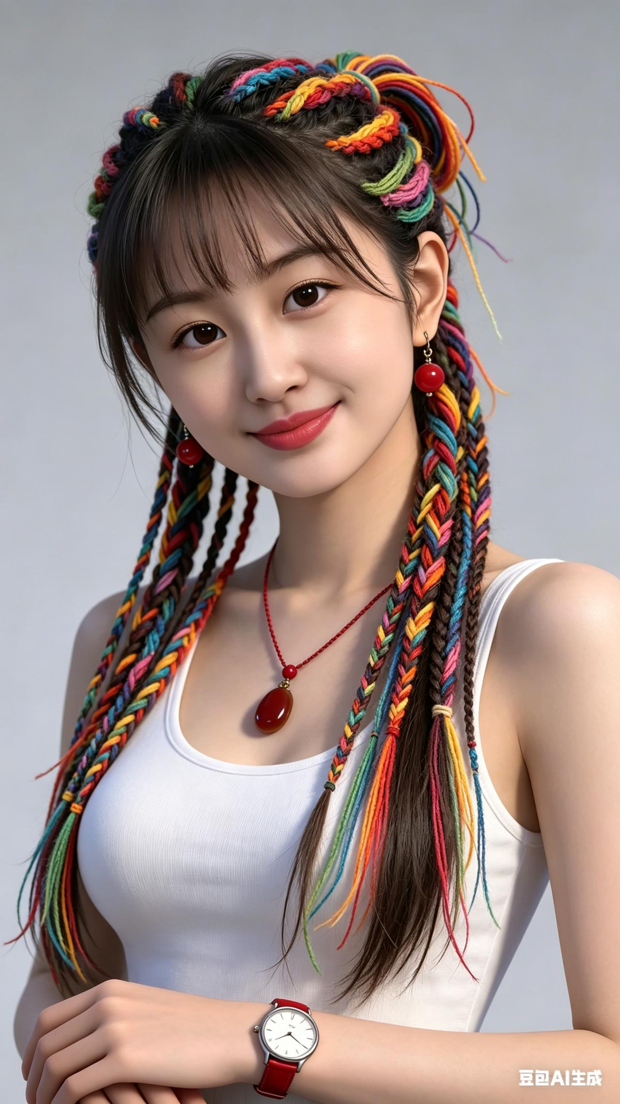 少女额前刘海柔顺，数股缠绕缤纷彩线的别致小辫错落各异，发丝几缕垂落胸前。身着利落