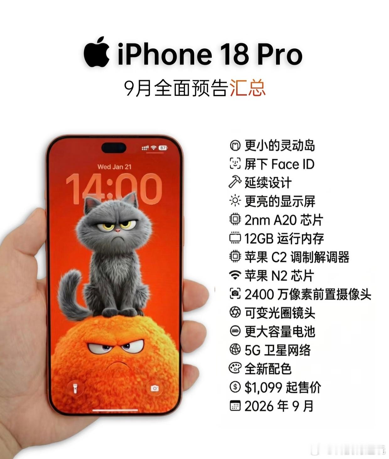 iPhone18Pro七大升级1、灵动岛缩小约35%，屏占比突破95%2、一体化