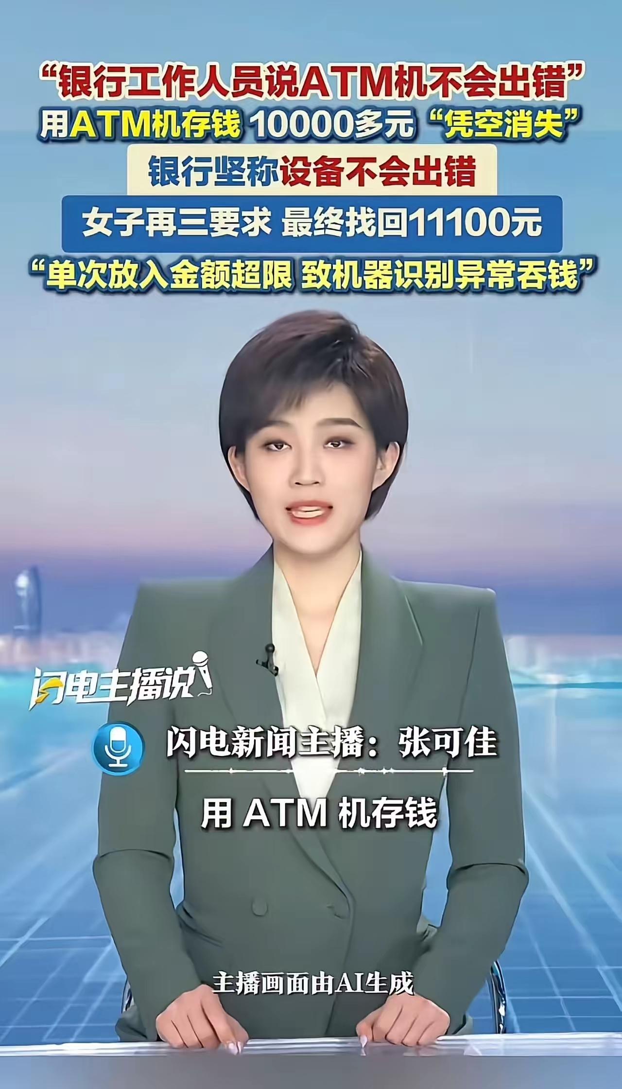 女子用ATM机存钱，10000多元“凭空消失”！工作人员打开机器当场傻眼请银行相
