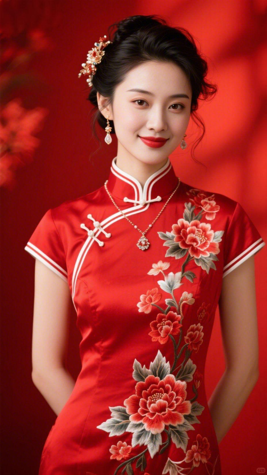 《红襟载芳柔》正红缎面裹着暖光，牡丹绣纹在襟间舒展得鲜活——玉色盘扣衬着银