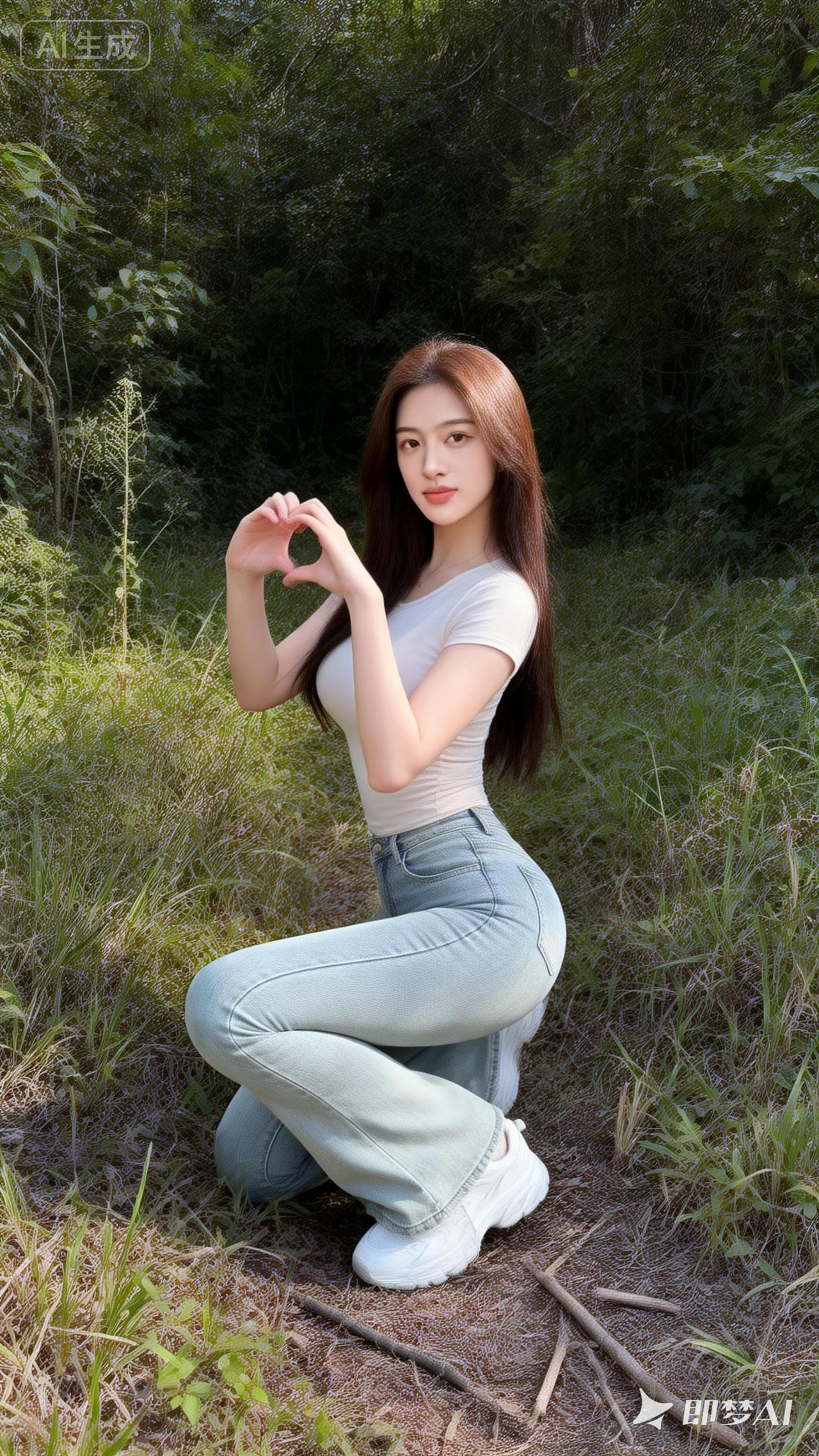 森林中的甜美少女，爱心手势，清新自然