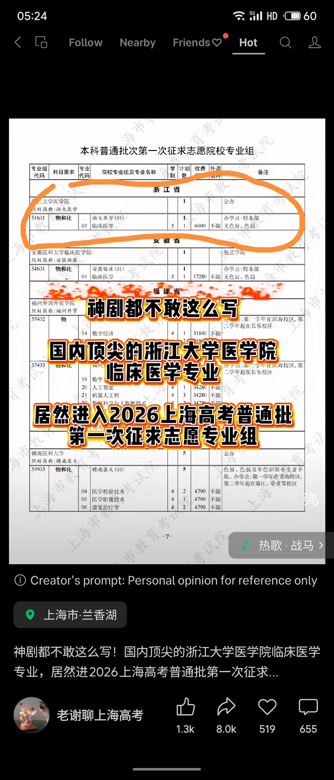 2026年上海高考普通批首次征求志愿中，浙江大学医学院临床医学专业竟罕见出现1个