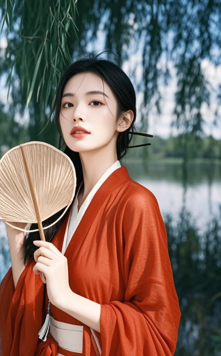 湖边折扇轻摇，美得像是从画中走出来