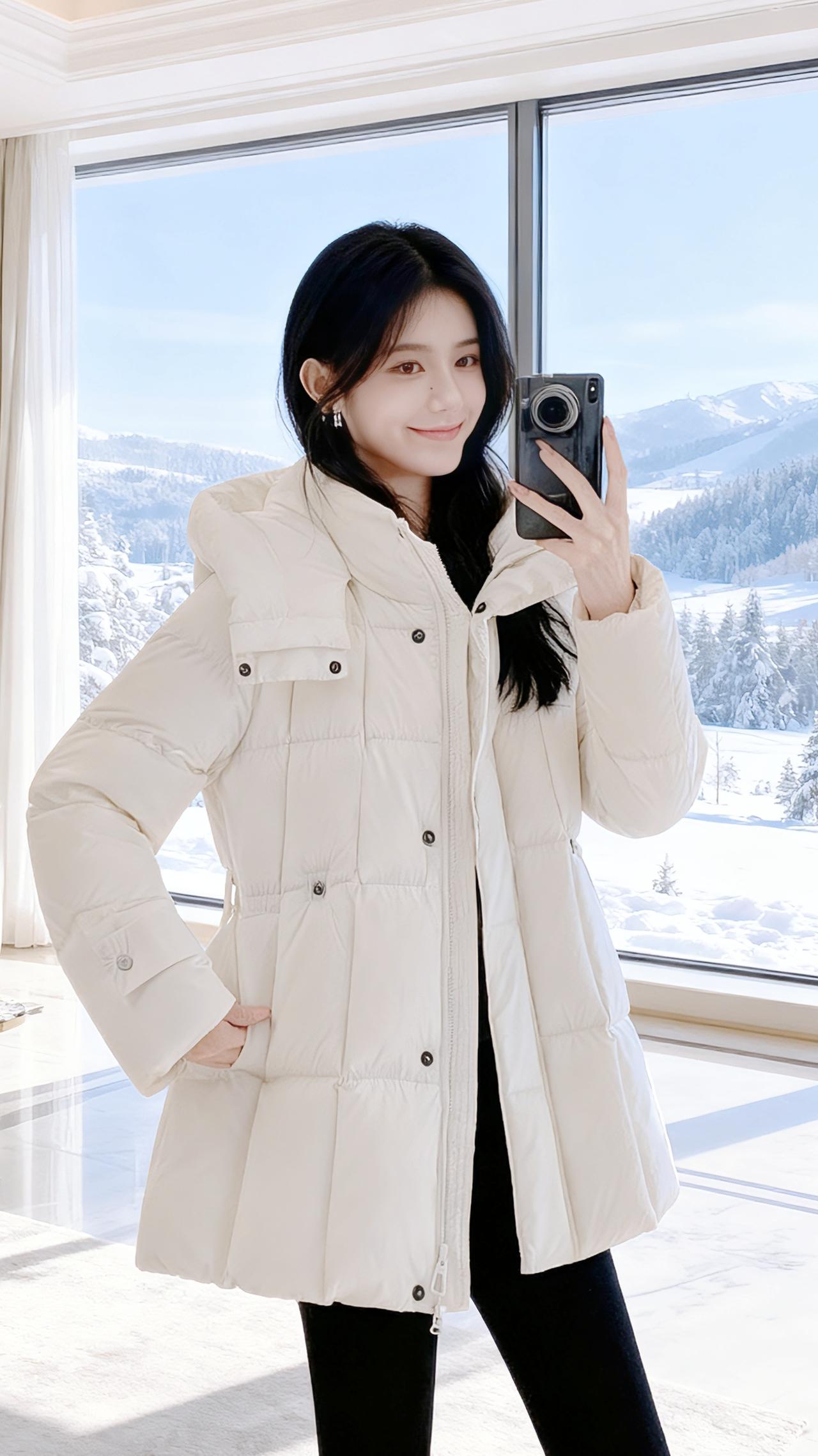 雪落时，她正倚在飘窗前，米白色的羽绒服像裹了一团松软的云。镜头垂在胸前，黑带衬得
