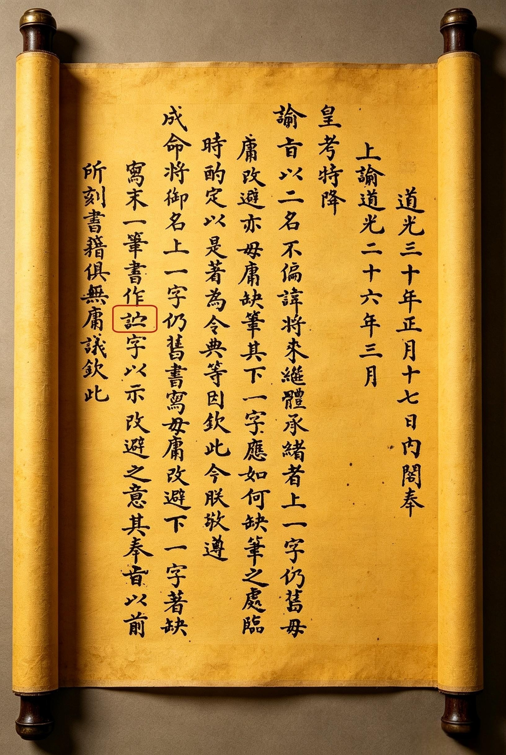 这是道光驾崩后，咸丰即位下达关于御名避讳，遵照道光遗训：咸丰皇帝名字中的“奕”字不用避讳；“詝”字缺