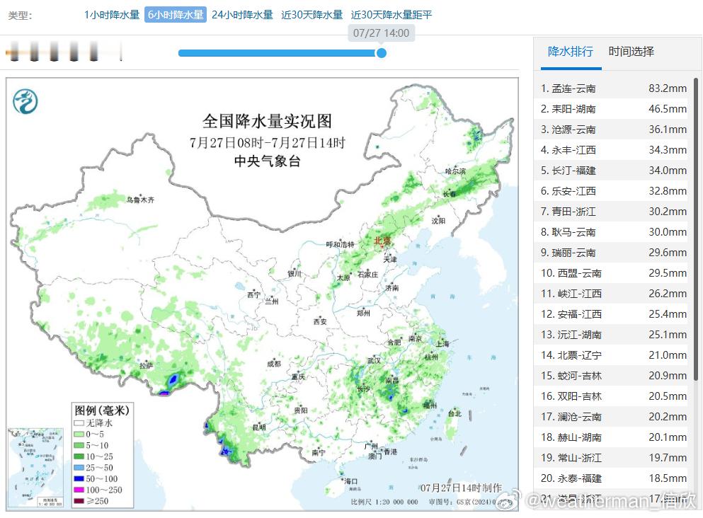 【强对流】今天08-14时，降水主要在东北华北，西南以及江南等地。总体的降雨强度