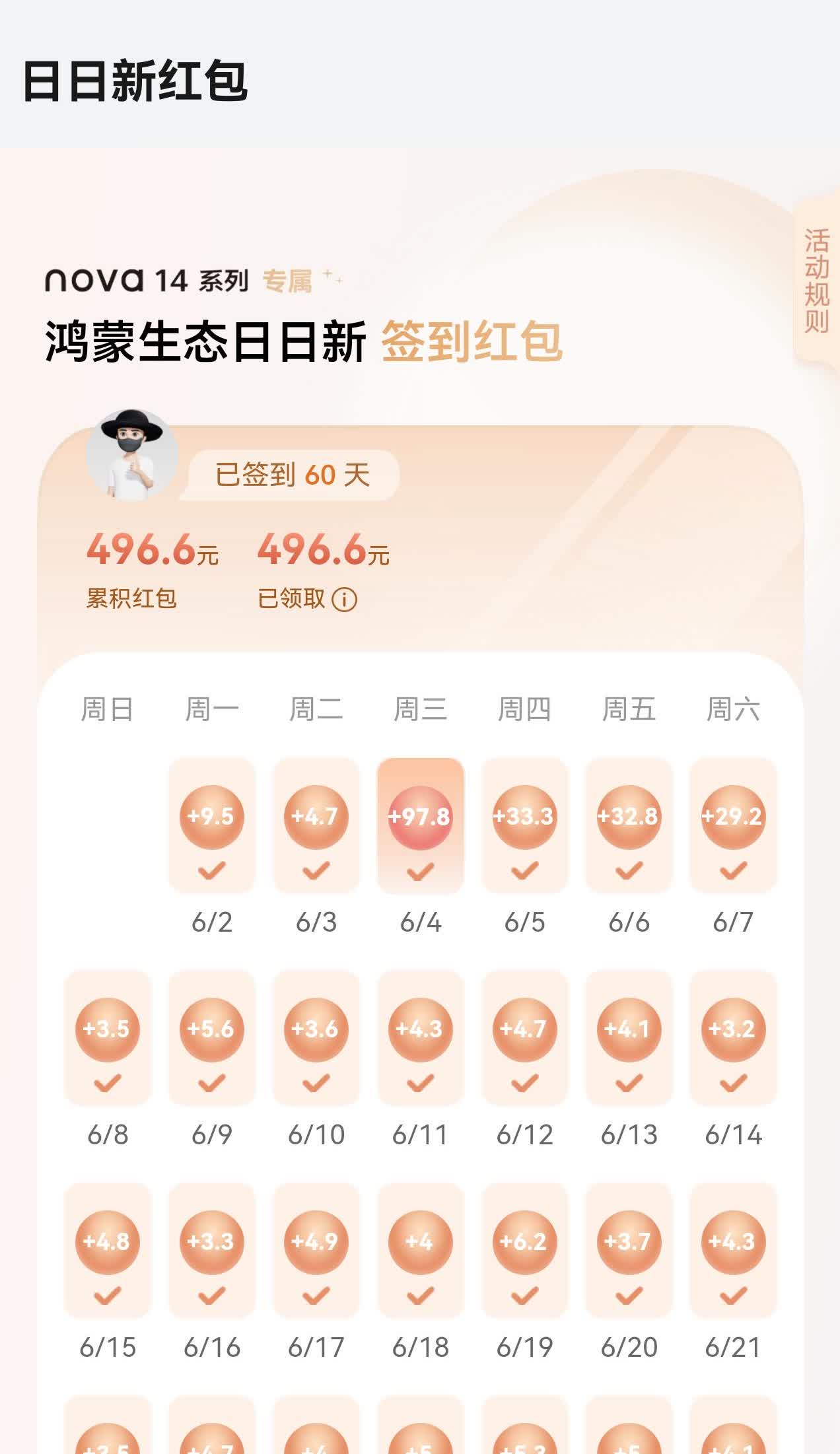 华为nova14ultra鸿蒙日日新签到结束，总共60天，累计领取了496.