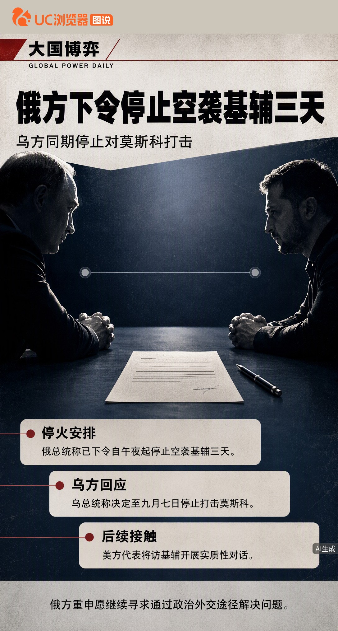 普京下令停炸基辅3天，但乌方提议的更广泛停火被拒。泽连斯基也同步叫停打莫斯科，美特使刚在克里姆林宫谈