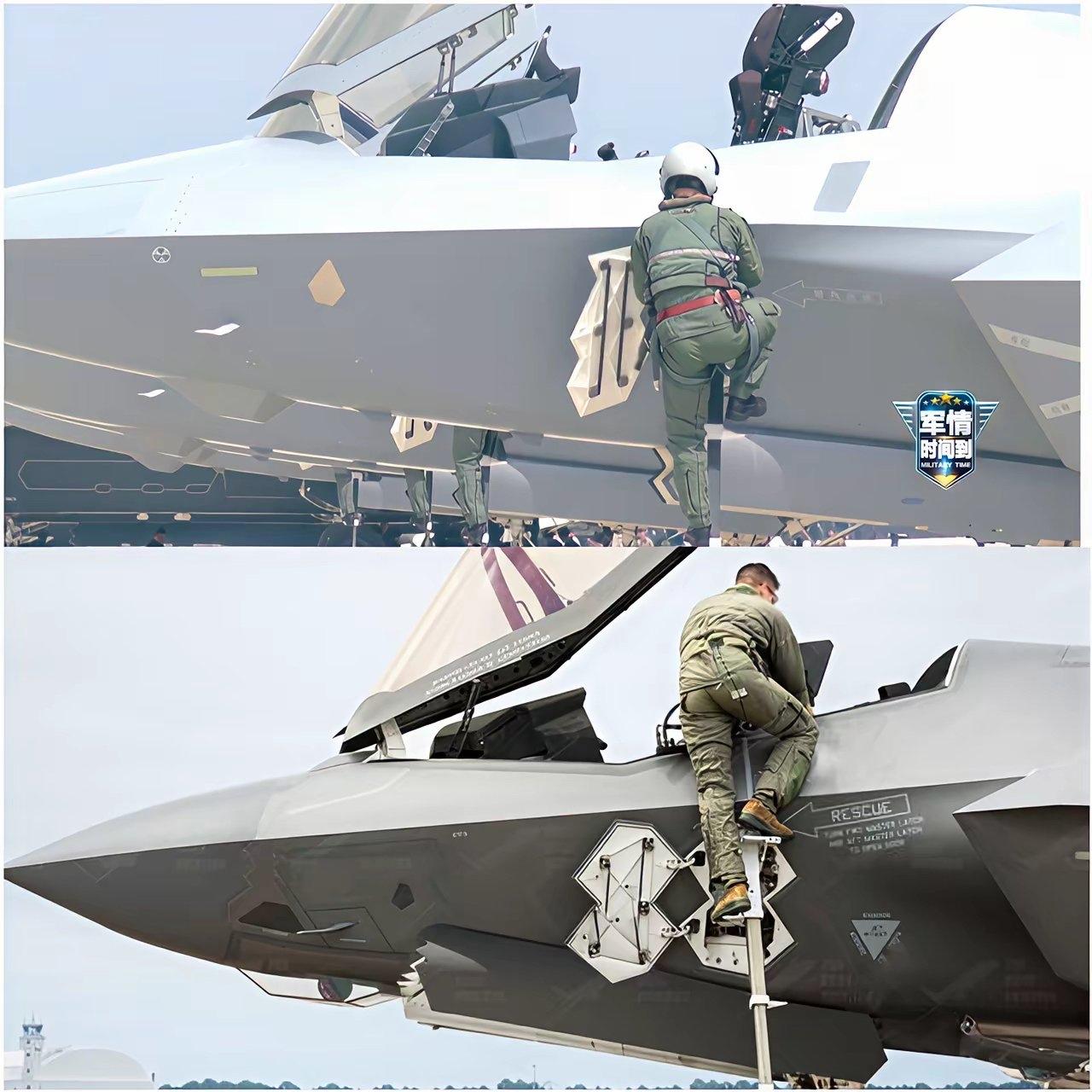 歼-35的内置梯更进一步做到了“飞行员一键搞定自动伸缩”，F35内置梯是自带但