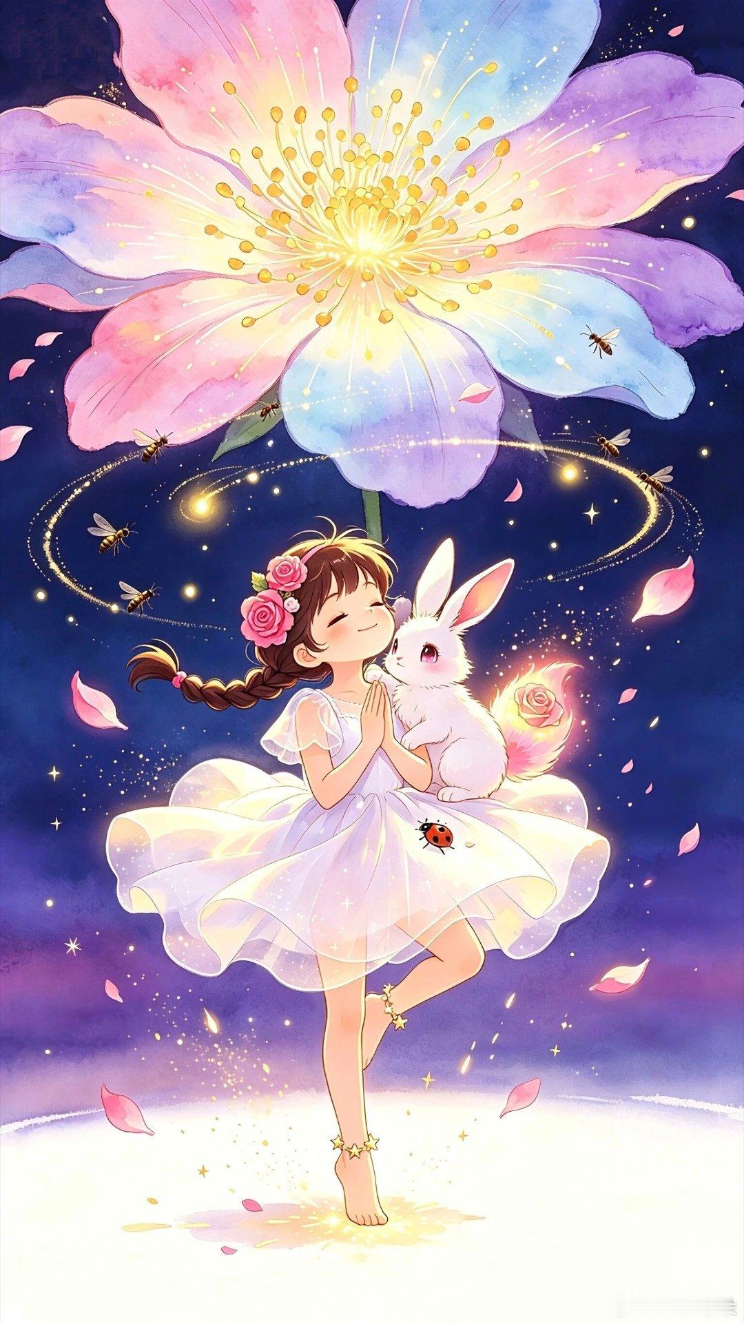 浪漫星空花瓣小憇小仙女卡通壁纸