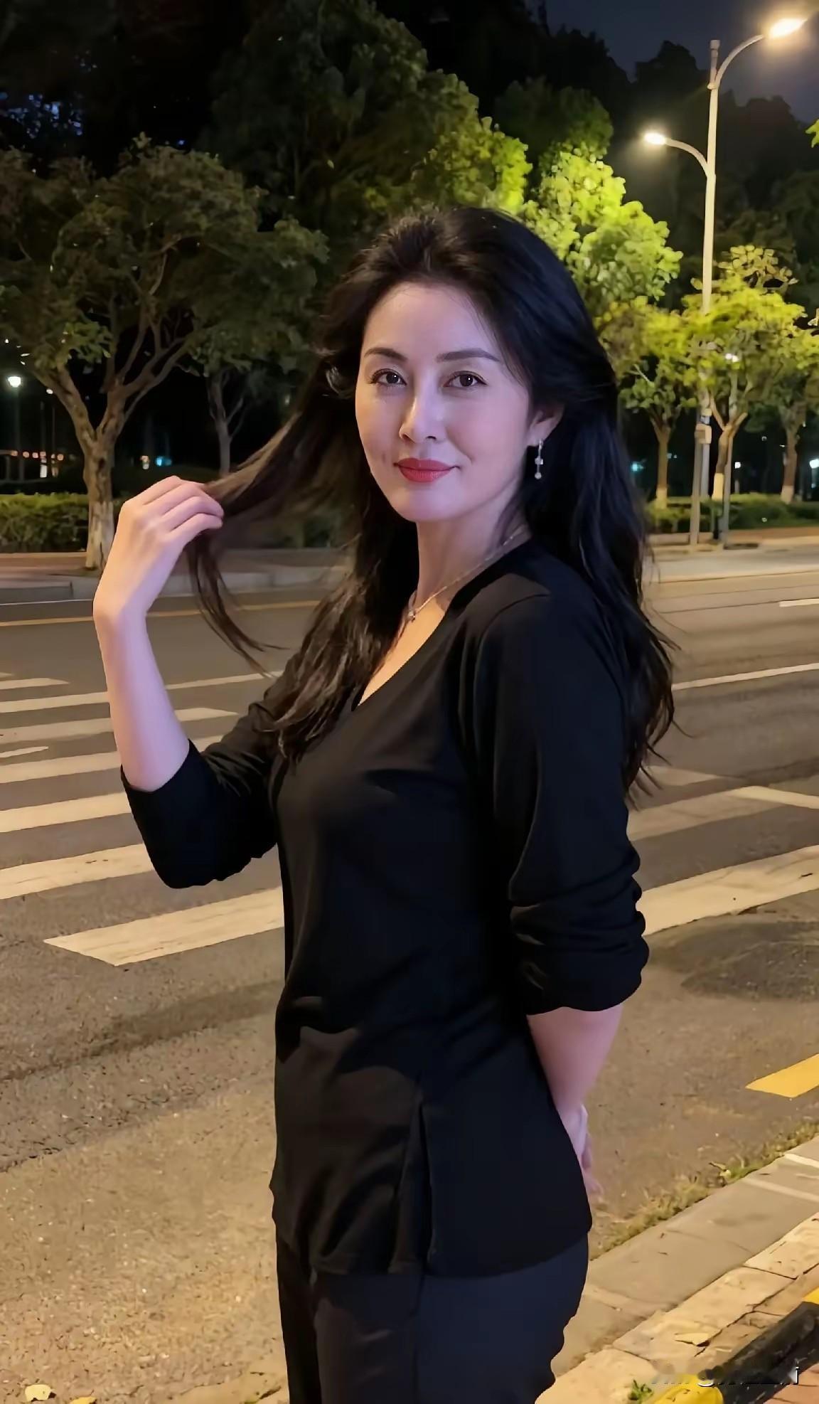 夜晚街头的优雅自拍，黑衣红唇，气质满分！