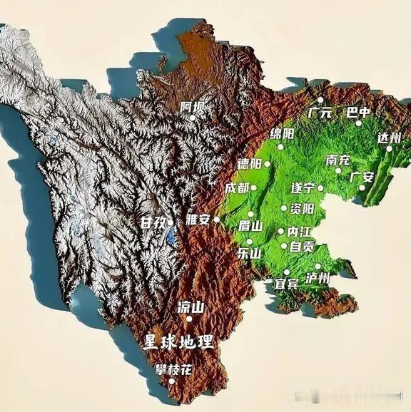 四川省48万平方公里，相当于三个广东。地图上，东边是灯火通明的成都平原，西边和