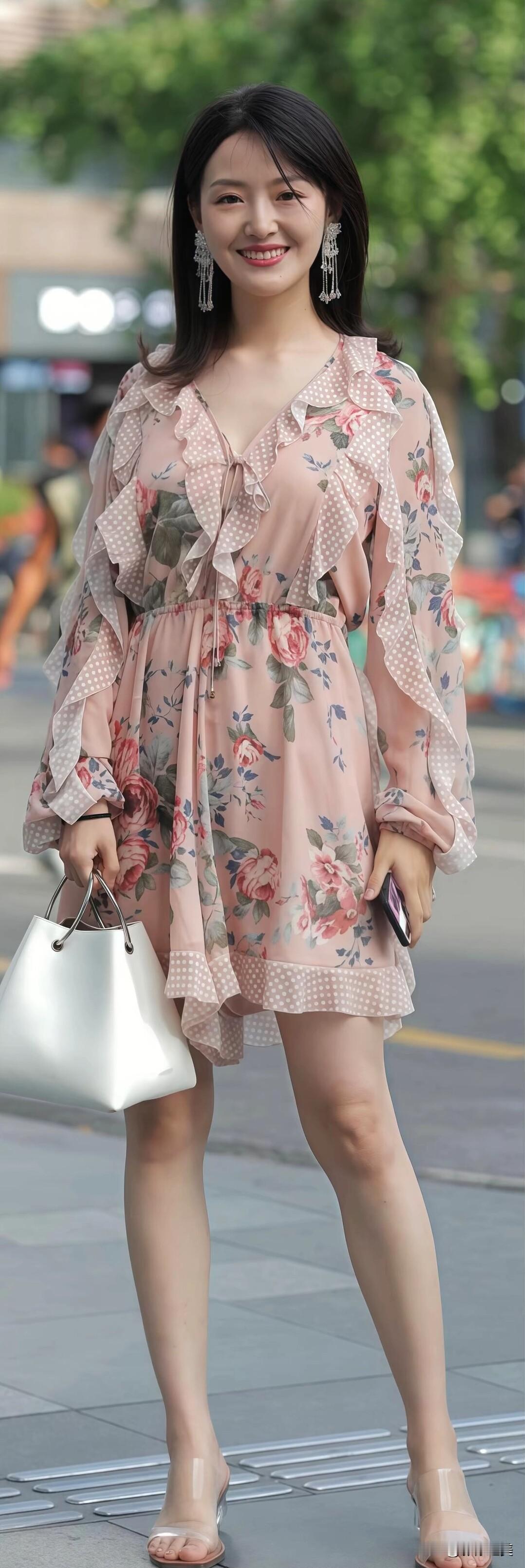街头偶遇花裙姑娘，粉调印花配波点荷叶边，流苏耳饰与白包相衬，笑容明媚，夏日浪漫尽