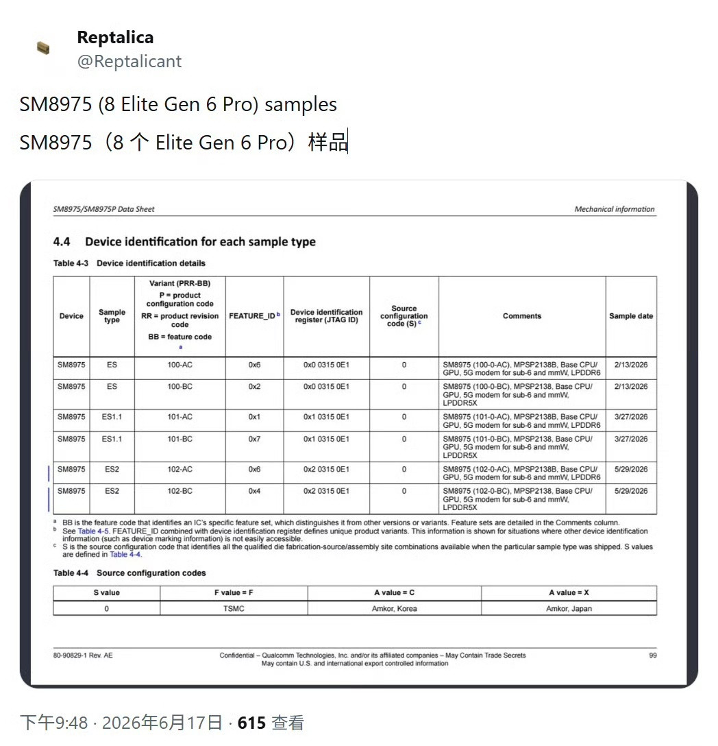 啥？骁龙8EliteGen6Pro居然有6个版本？3款LPDDR6+