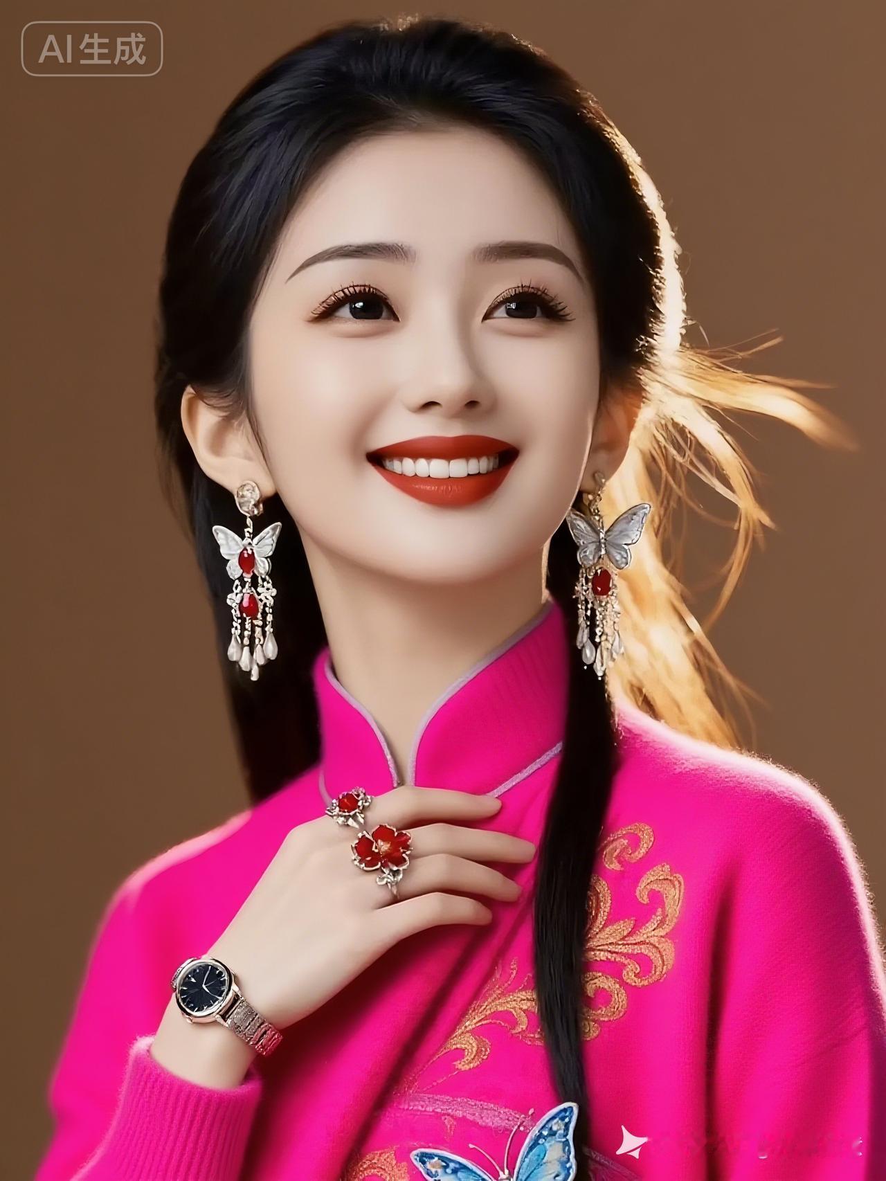 绝色佳人冷艳矜贵，肤白貌美，长睫灵动，烟熏妆配明艳红唇，浅笑妩媚。微卷长发浓密，