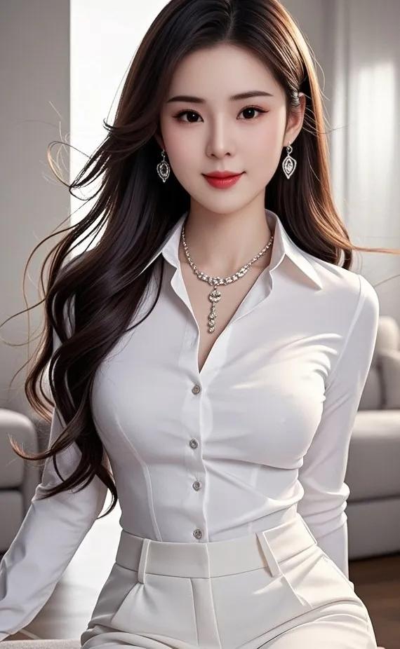 这位小姐姐穿着白色套装，真漂亮！