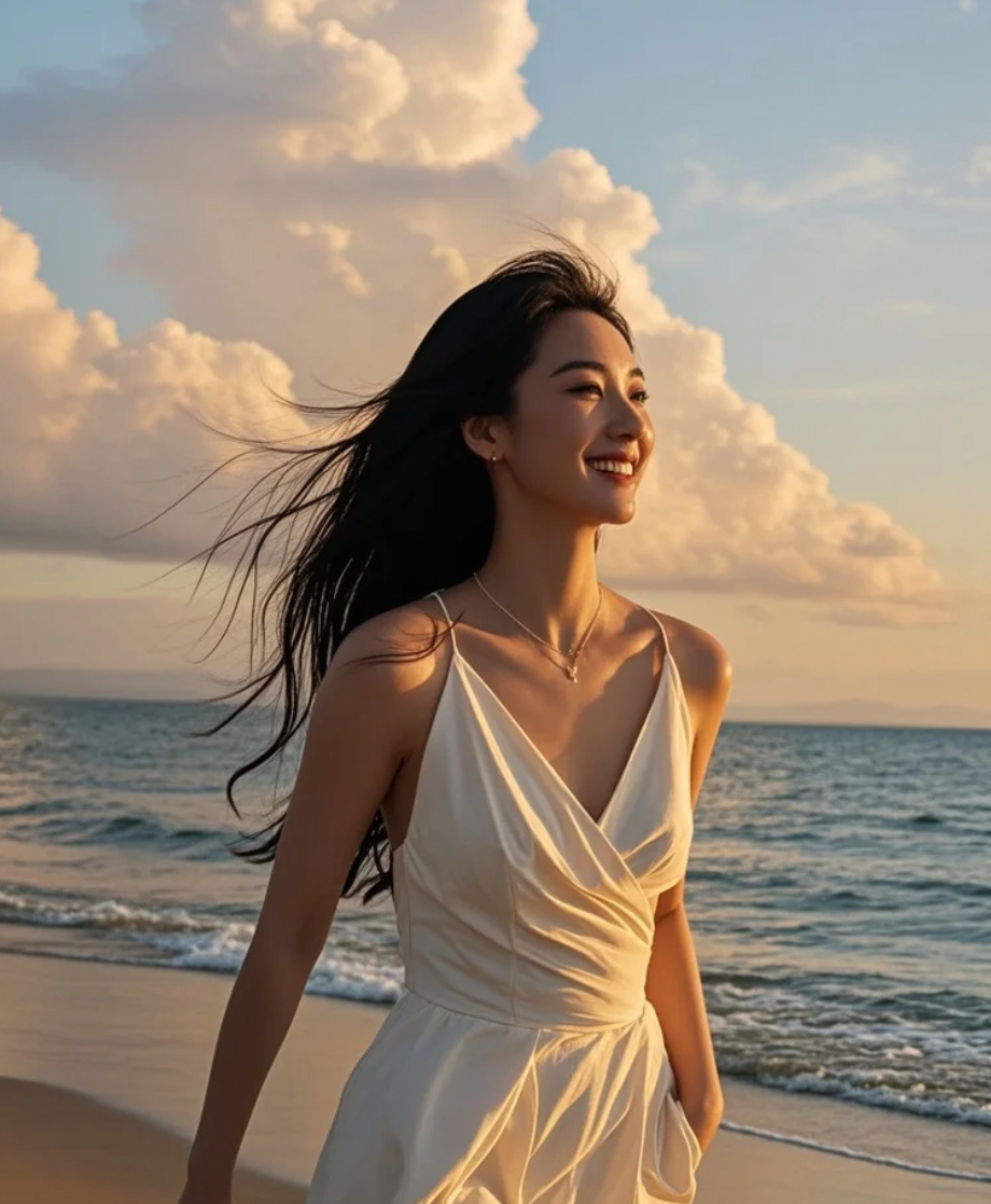 暖橘色的光晕里，长发与白裙交织成朦胧的诗行