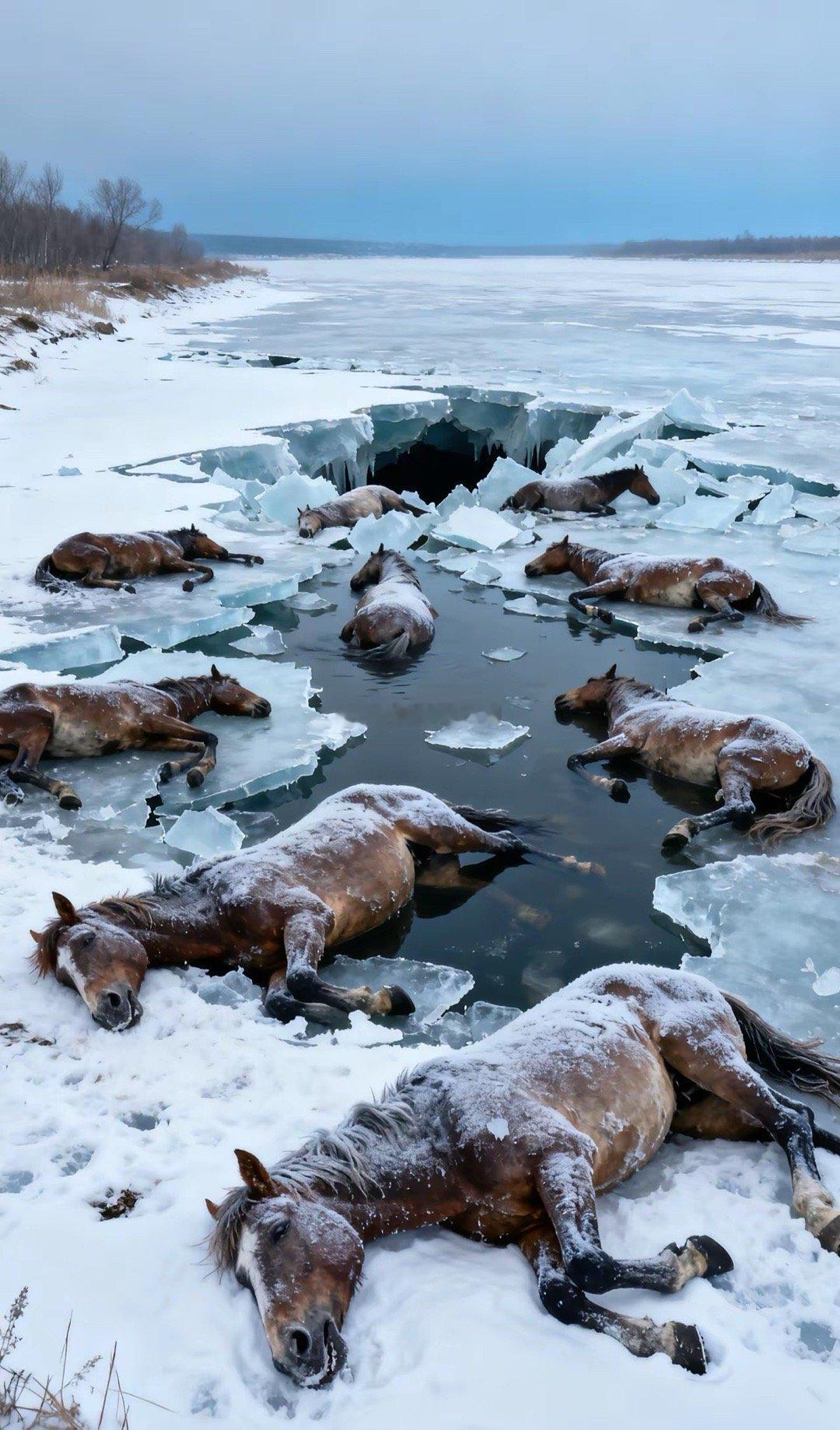 极寒裹住黑龙江东风水库的冰面，13匹马凑在上面饮水时，脆裂声突然划破寂静——冰层