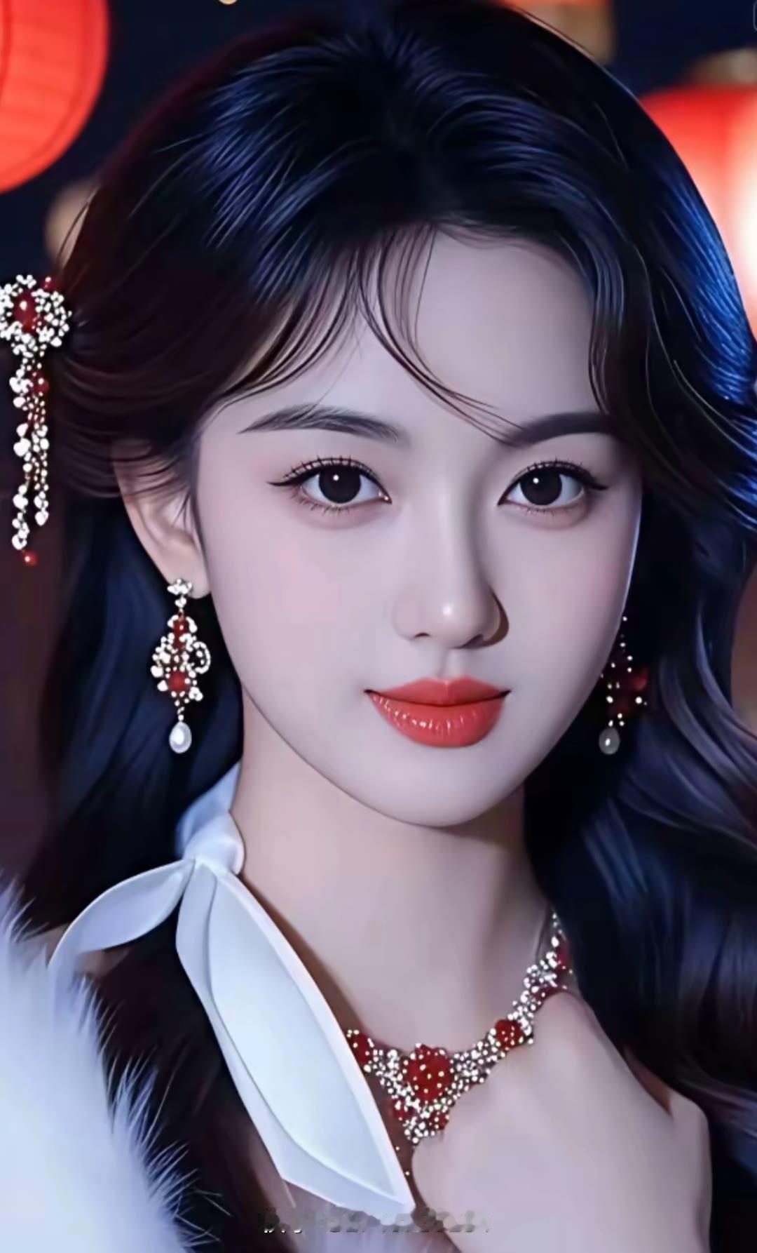 优雅红唇，闪耀耳环，复古风华，韵味十足。