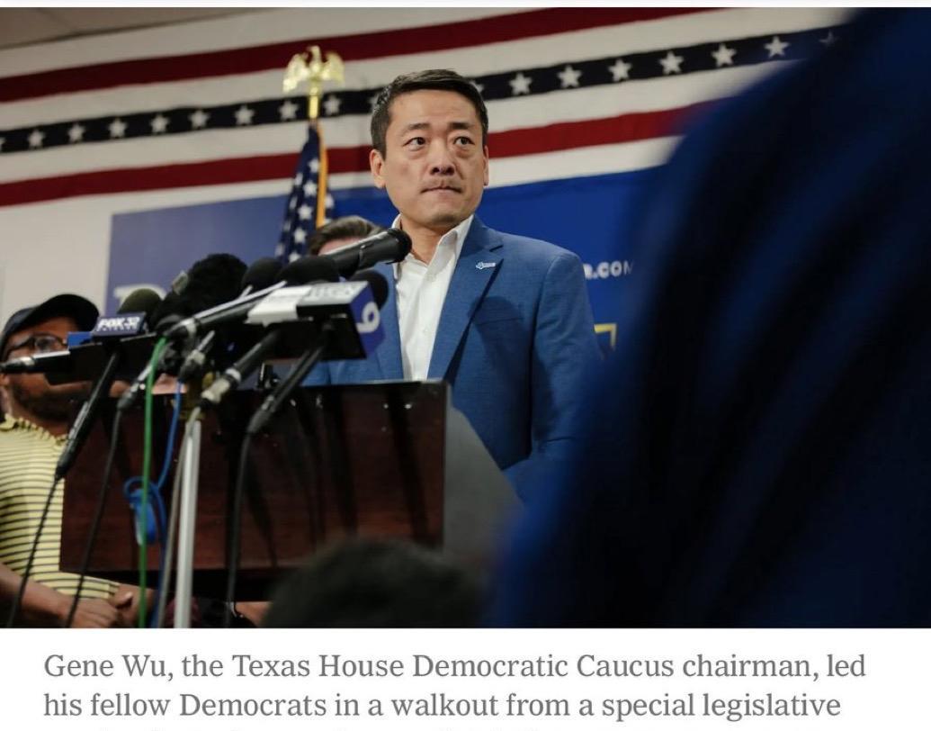 带领得克萨斯民主党州众议员离开得克萨斯的得州众议院民主党领袖吴元之GeneWu